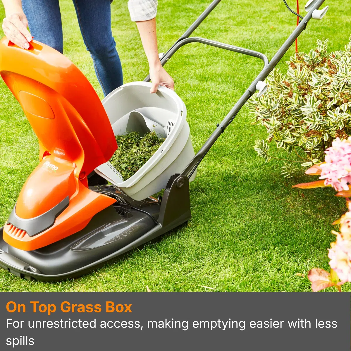 Flymo EasiGlide 360 Hover Collect kosiarka do trawy – silnik 1800 W, szerokość koszenia 36 cm, skrzynka na trawę 26 l, płasko złożona, długość kabla 10 m, pomarańczowy i szary
