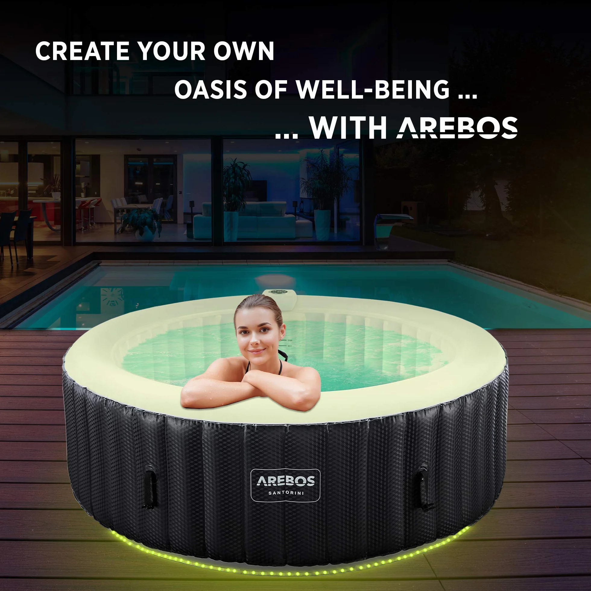 Arebos Nadmuchiwane Spa | Automatyczny nadmuchiwany | do wnętrz i na zewnątrz | 208 cm | 6 osób | Listwa świetlna LED | 130 dysz masujących | 1000 litrów | z pokrywką | Spa i dobre samopoczucie