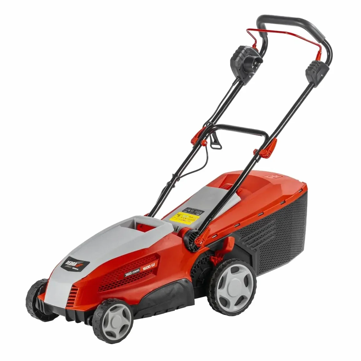 Kosiarka elektryczna Garden DEDRA, szerokość cięcia 360 mm, wszystkie rodzaje trawy – worek na trawę 40 l, 1600 W, cięcie 20-70 mm. Składana, waga 15,5 kg z ergonomicznym uchwytem
