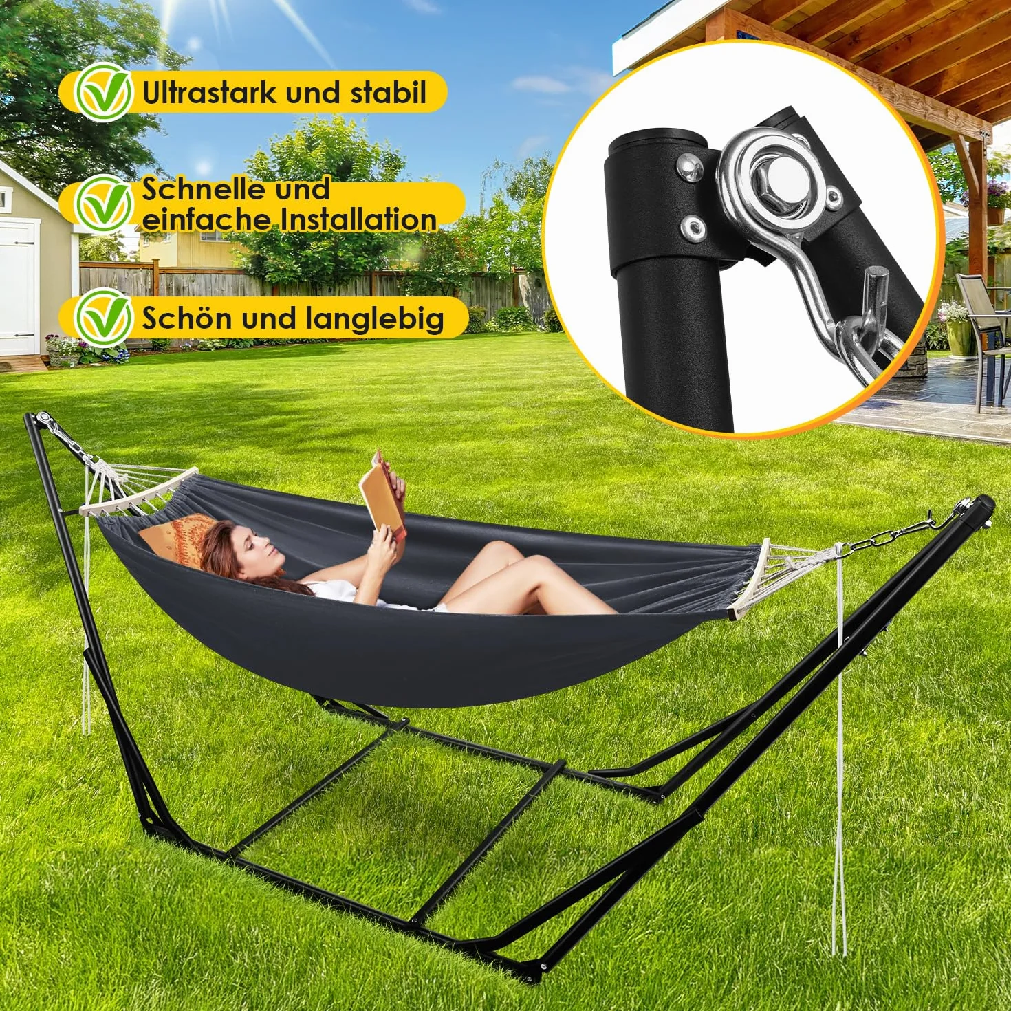 Hamak ze stelażem, obciążenie do 200 kg, dla 2 osób, składany hamak outdoorowy ze stelażem do ogrodu, na taras, balkon, z torbą do przenoszenia, metalowy stelaż
