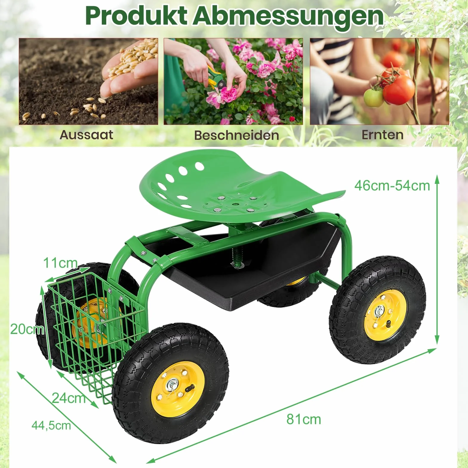 GOPLUS Siedzisko na kółkach do ogrodu, obracane o 360° siedzisko ogrodowe z kółkami i miejscem do przechowywania, regulacja wysokości 46-53 cm, do 130 kg, wózek ogrodowy, siedzisko robocze do prac