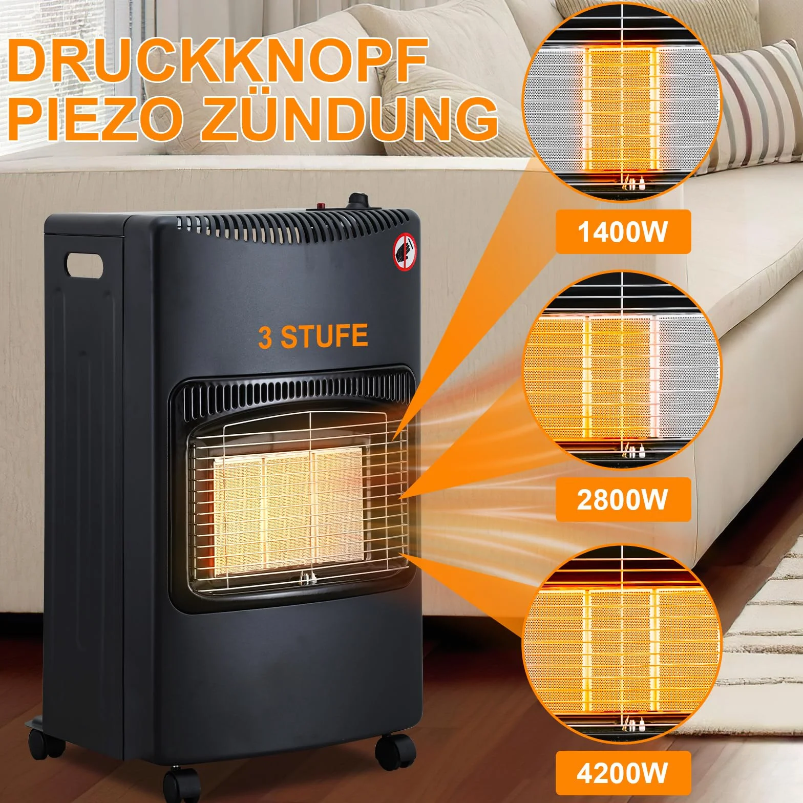 Piec gazowy, grzejnik gazowy, 4,2 kW, składany, 305 g/h, zużycie gazu, pojemność grzewcza 80 m³, ODS, zabezpieczenie przed przewróceniem, zapłon piezoelektryczny, z regulatorem ciśnienia i
