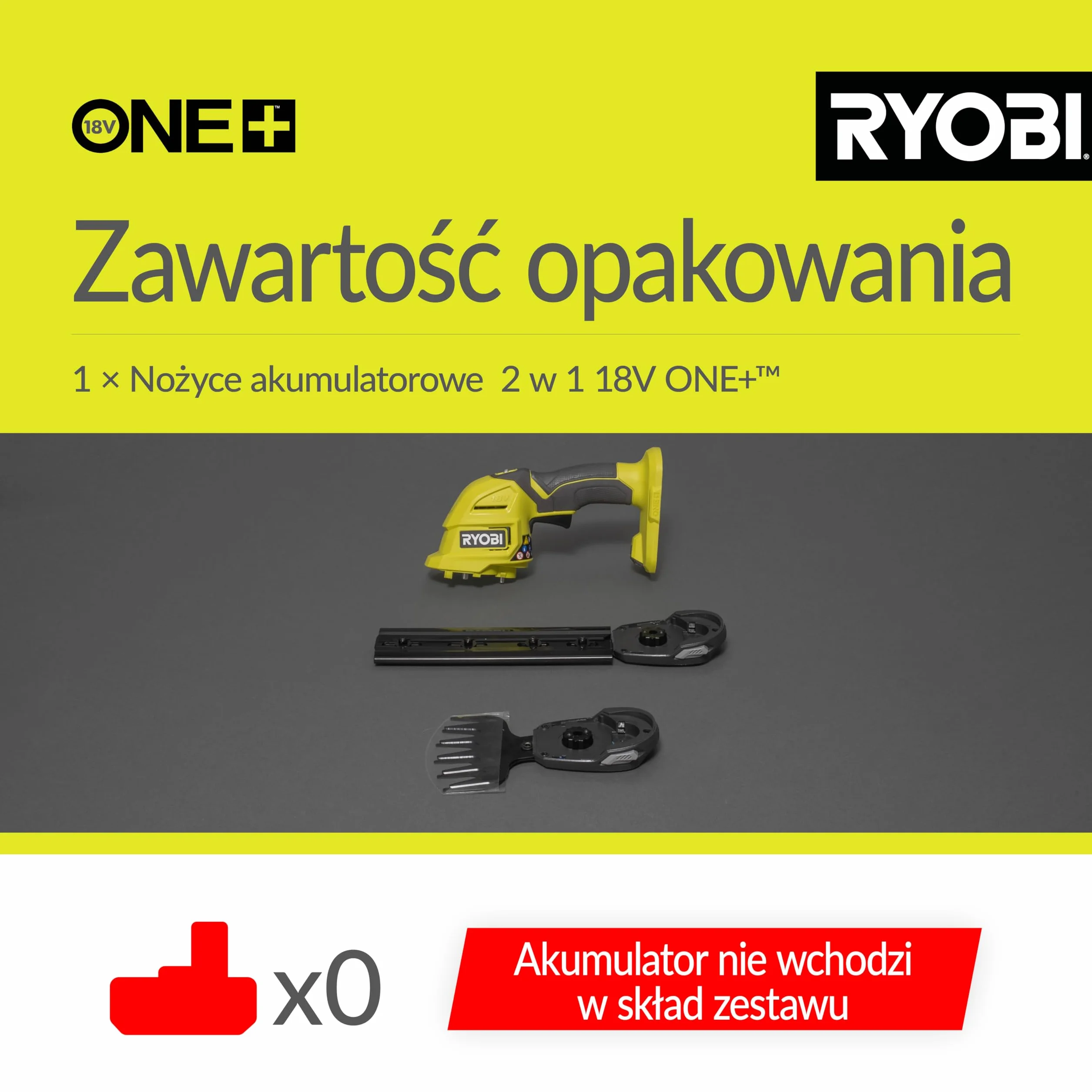 Ryobi Nożyce do Żywopłotu i Trawy 18V, RY18GSA-0, Kompaktowe Nożyce, 2w1, Ostrze do Krzewów 20 cm, Ostrze do Trawy 10 cm, Beznarzędziowa Wymiana Ostrzy, Wersja bez Akumulatora i Ładowarki