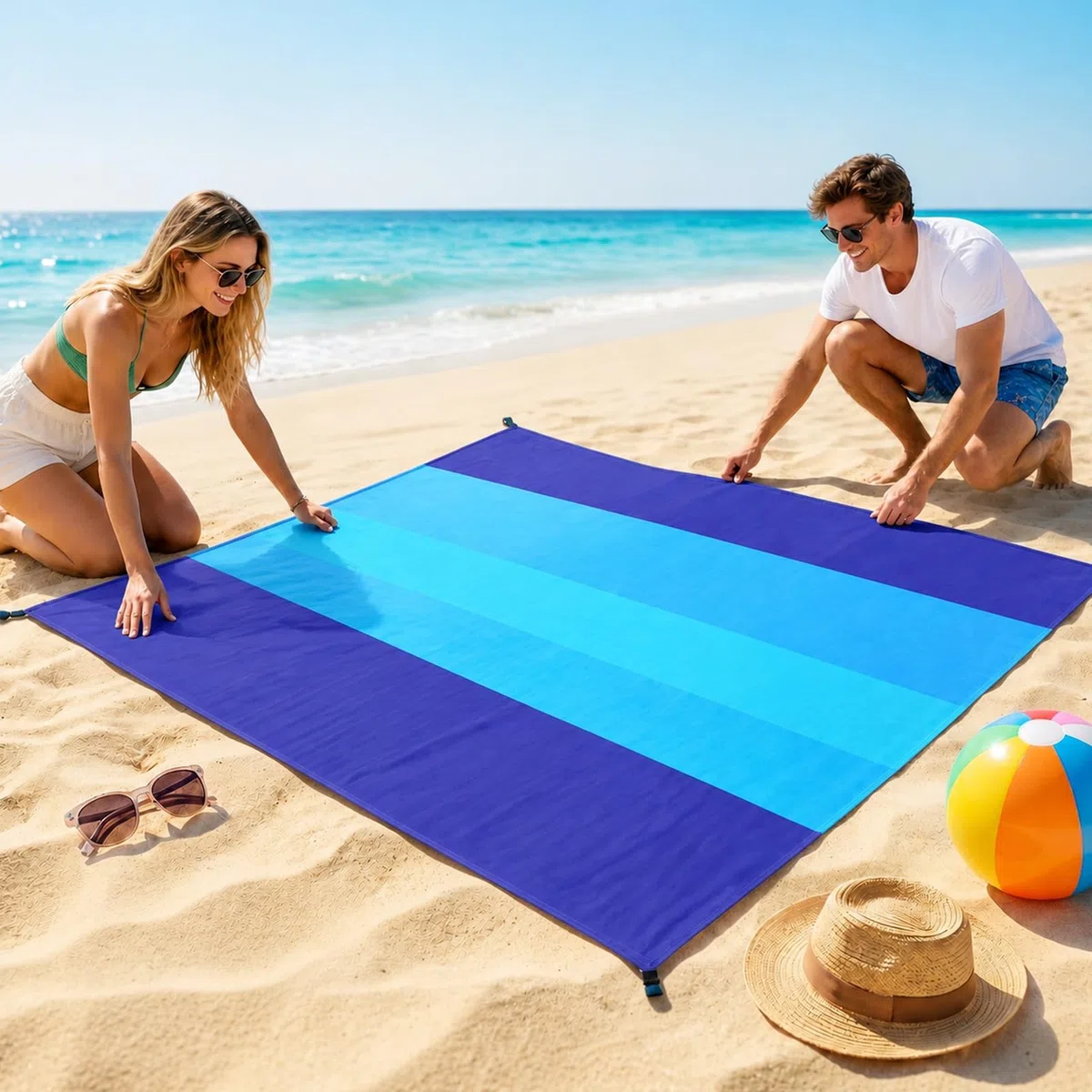 Koc plażowy, odporny na piasek, wodoszczelny, 210 x 200 cm, mata plażowa, z mocowanymi narożnikami i torbą, na plażę, kemping, piknik, wycieczki