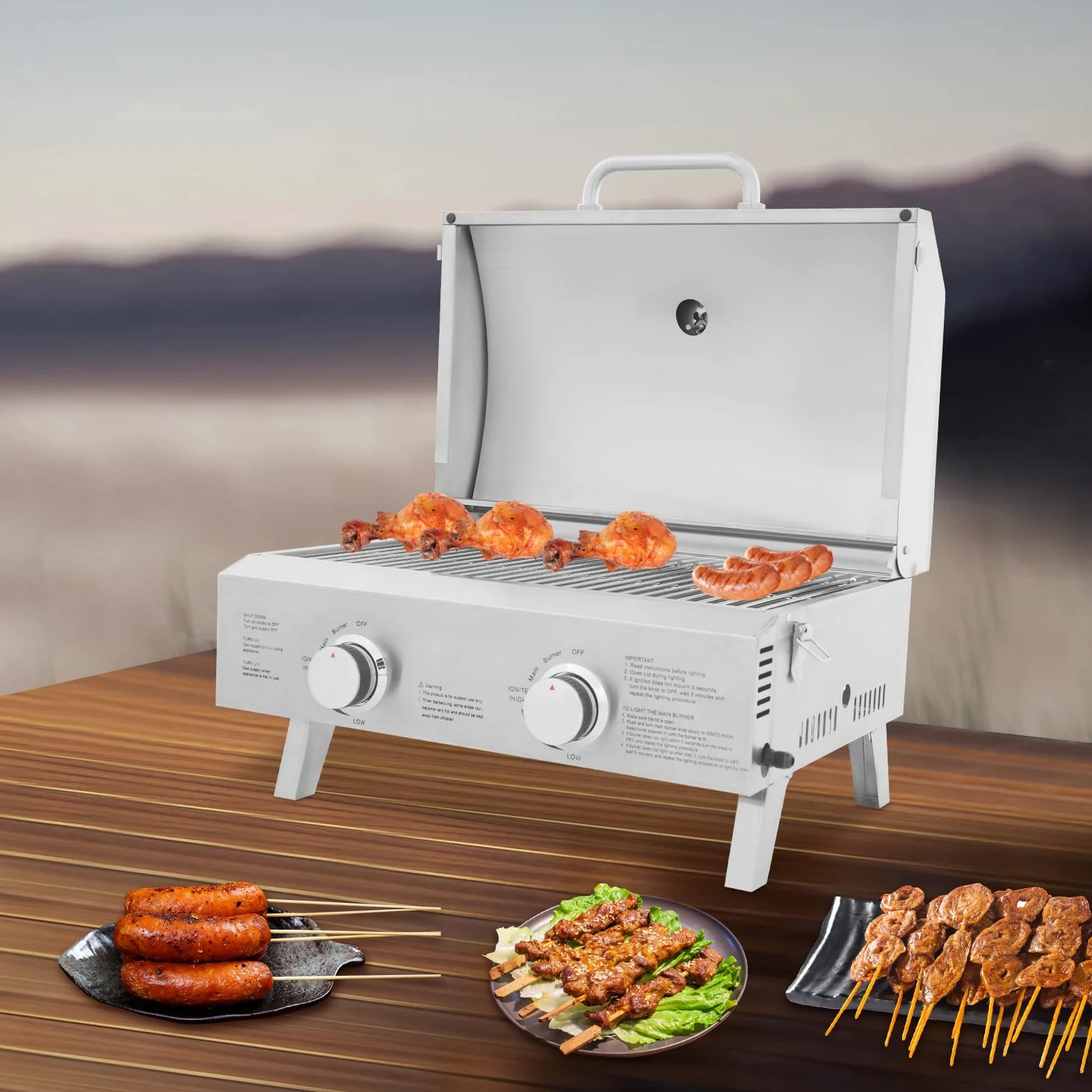 Gastro grill gazowy, grill gazowy, do pieczenia kiełbasy, stołowy, grill gazowy z 2 palnikami – ruszt do grillowania ze stali nierdzewnej 55 x 45 cm, składany i przenośny, w zestawie kamień do pizzy i