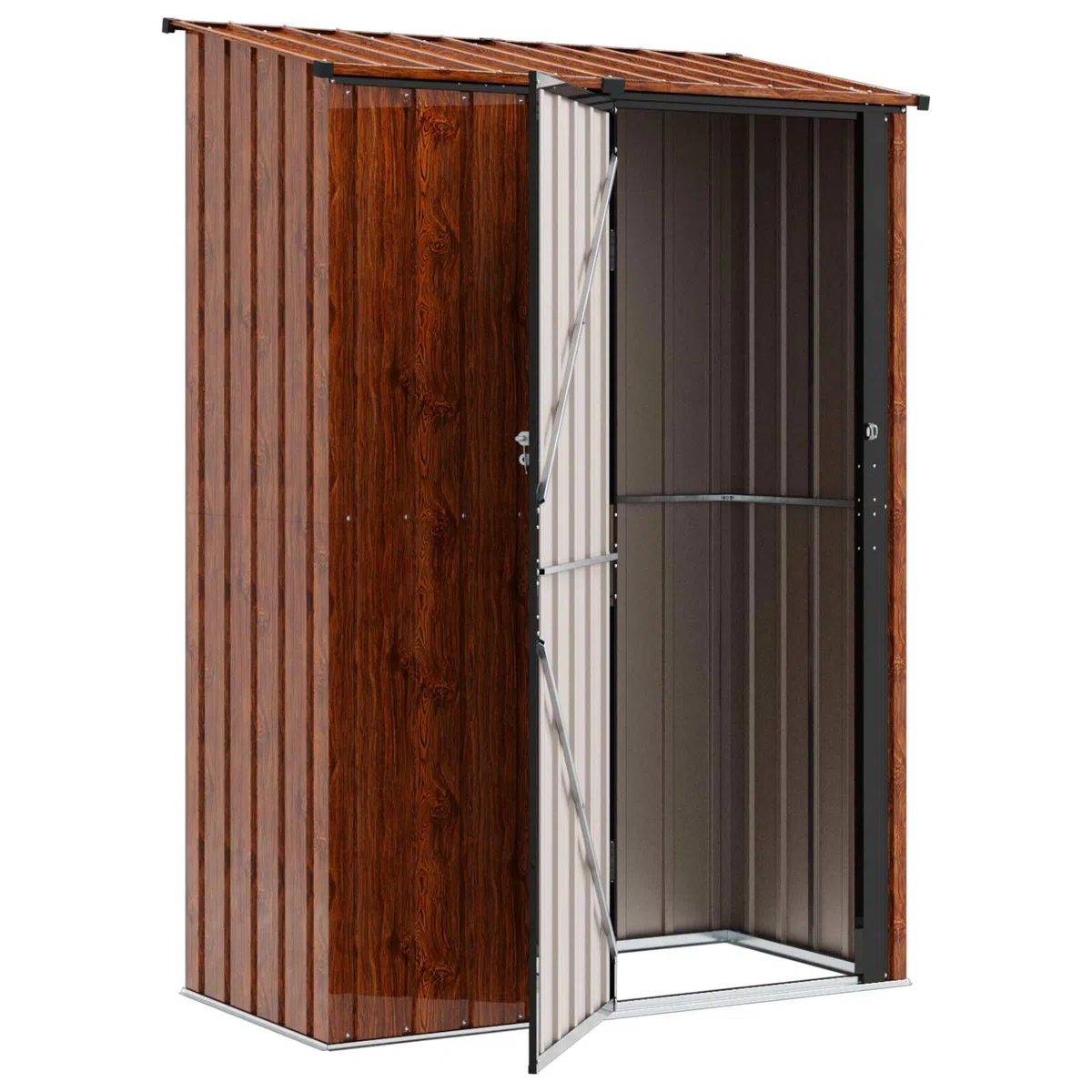Domek ogrodowy, brązowy, 140,5 x 74 x 200 cm, z metalu, szopa na narzędzia z mechanizmem zamkowym, zadaszony dach, odporna na warunki atmosferyczne, na narzędzia, kosiarkę, rower, porządek