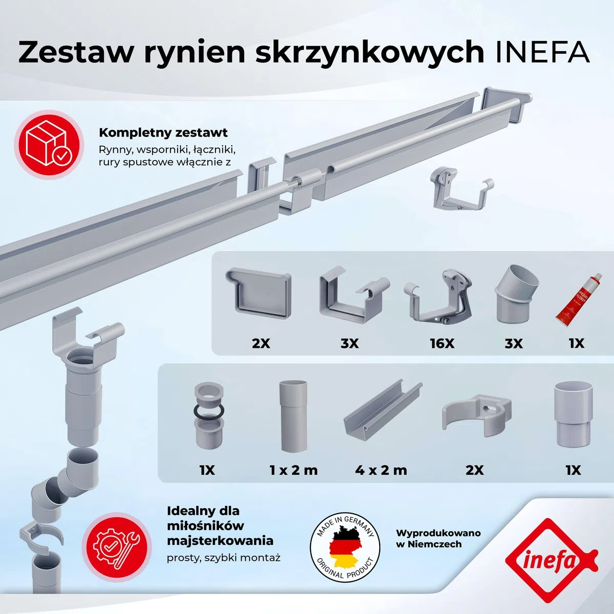INEFA Zestaw rynnowy z tworzywa sztucznego, prostokątny 8m x 83mm Brązowy | Rynna i rura spustowa PVC-U na jedną połać dachu, domek ogrodowy, wiata, taras i pawilon