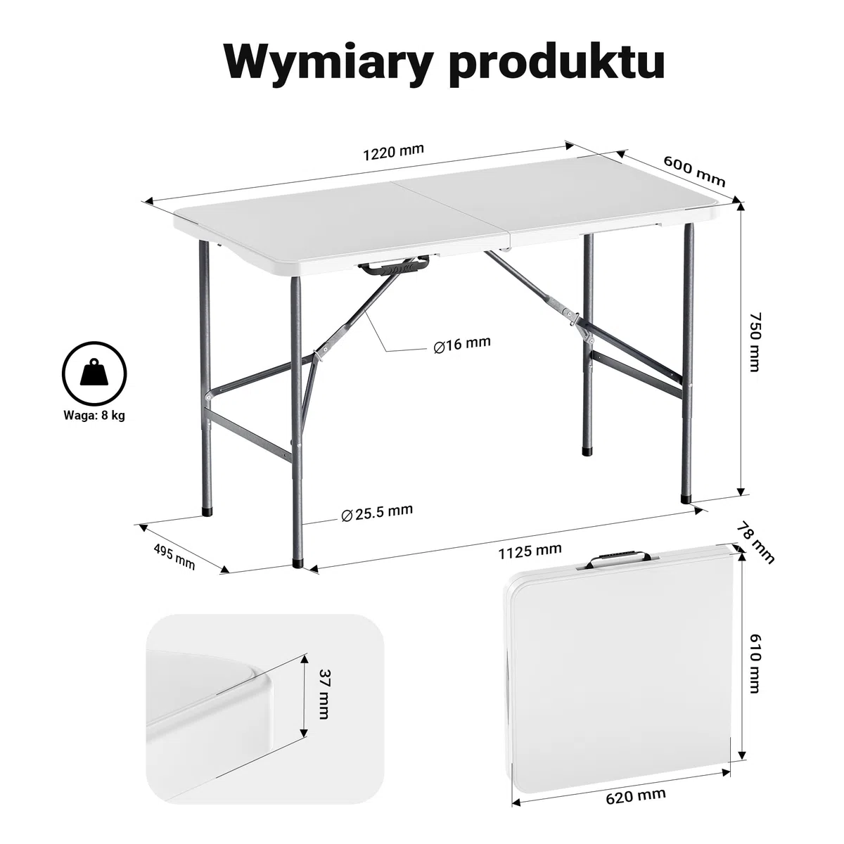 Wiltec Składany stół cateringowy, bankietowy, turystyczny 122x60x75 cm, stolik ogrodowy z uchwytem, stół kempingowy składany do ogrodu i na biwak