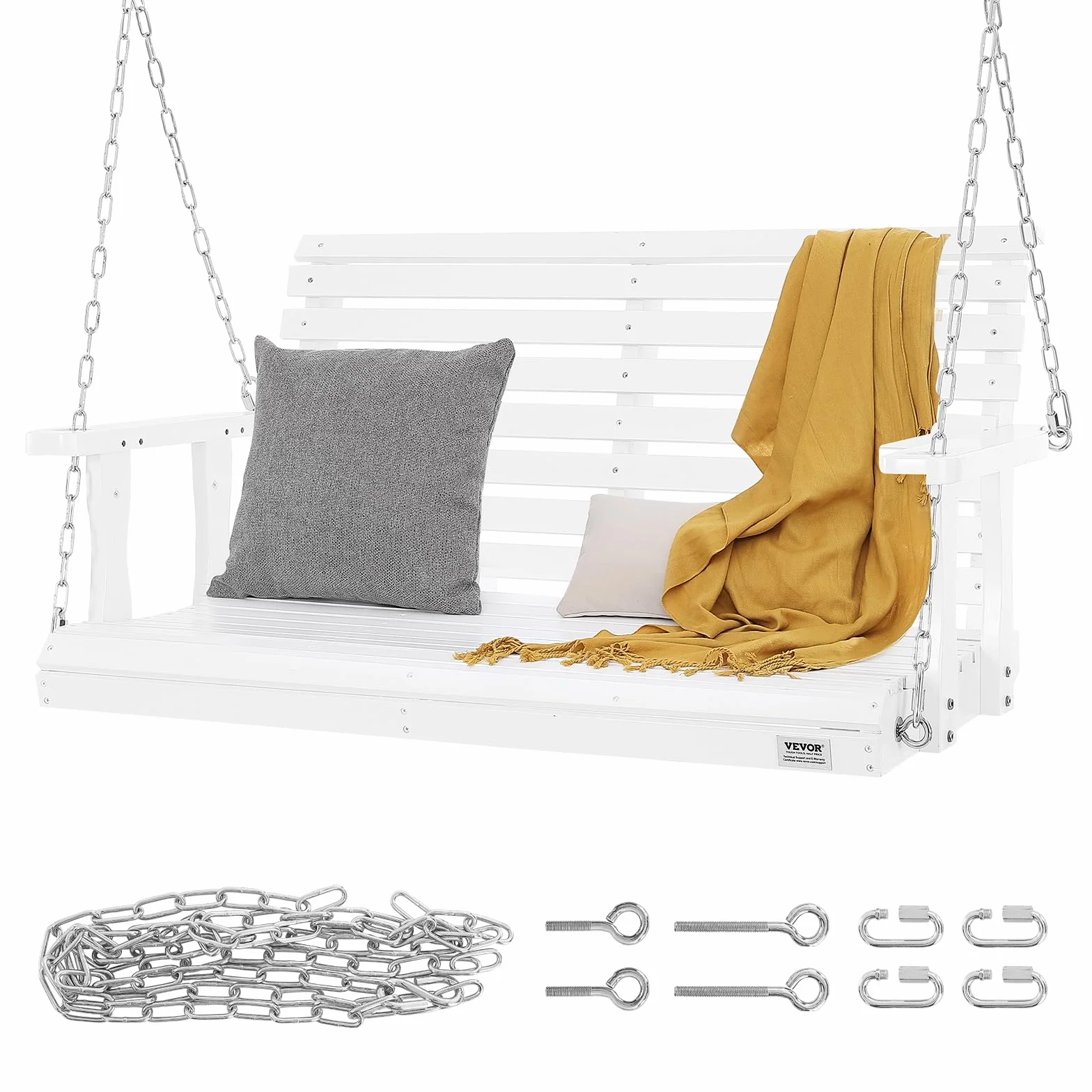 VEVOR Drewniana huśtawka na werandę, 1240 x 710 x 600 mm, ławka tarasowa do podwórza i ogrodu, duża nośność 400 kg, wytrzymała ławka huśtawkowa z łańcuchem wiszącym do użytku na zewnątrz, biała