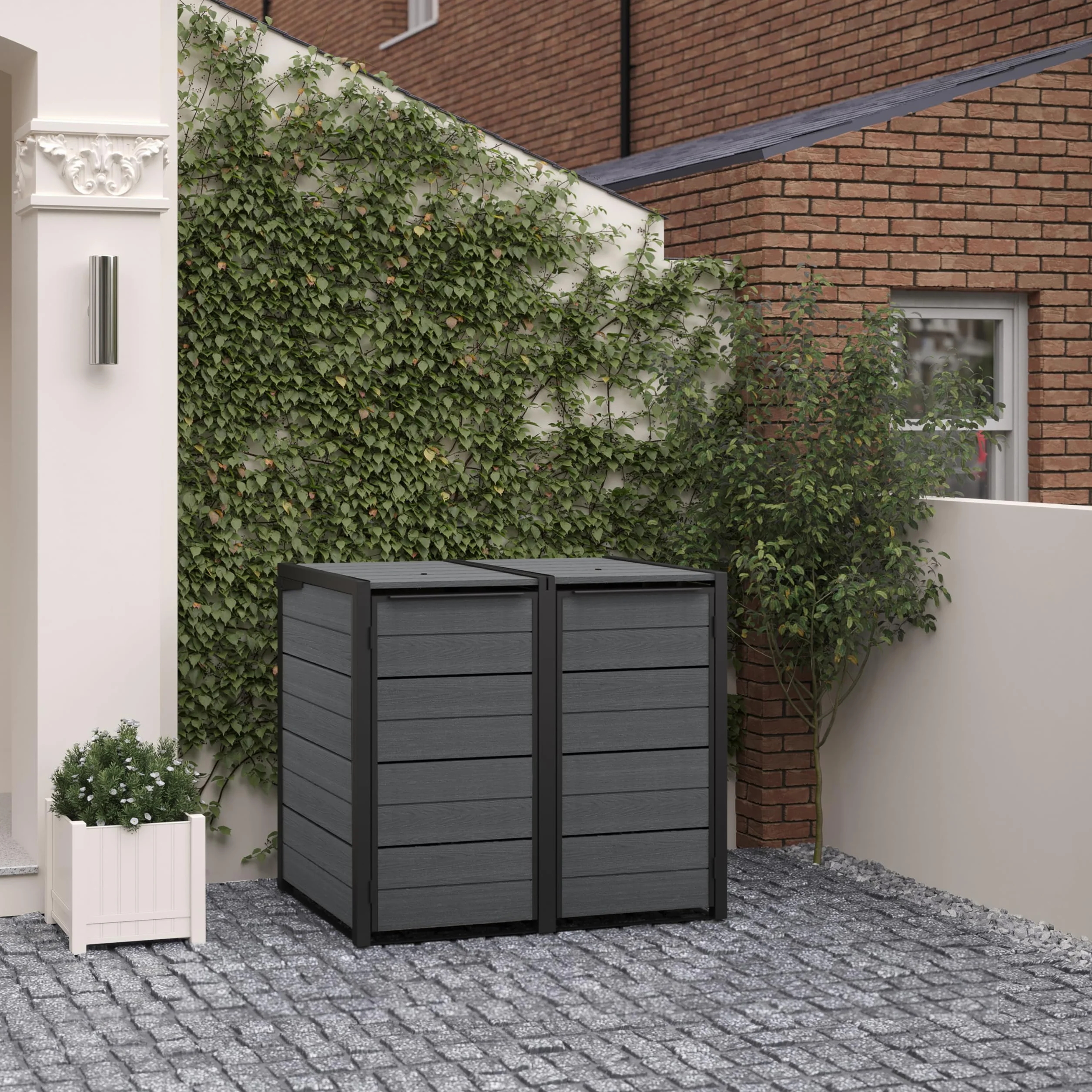 Keter Pojemnik na śmieci Hide Away 2 x 240 l | 138 x 84 x 121 cm | antracyt | pokrywka ze sprężyną gazową | wentylowana | możliwość rozszerzenia