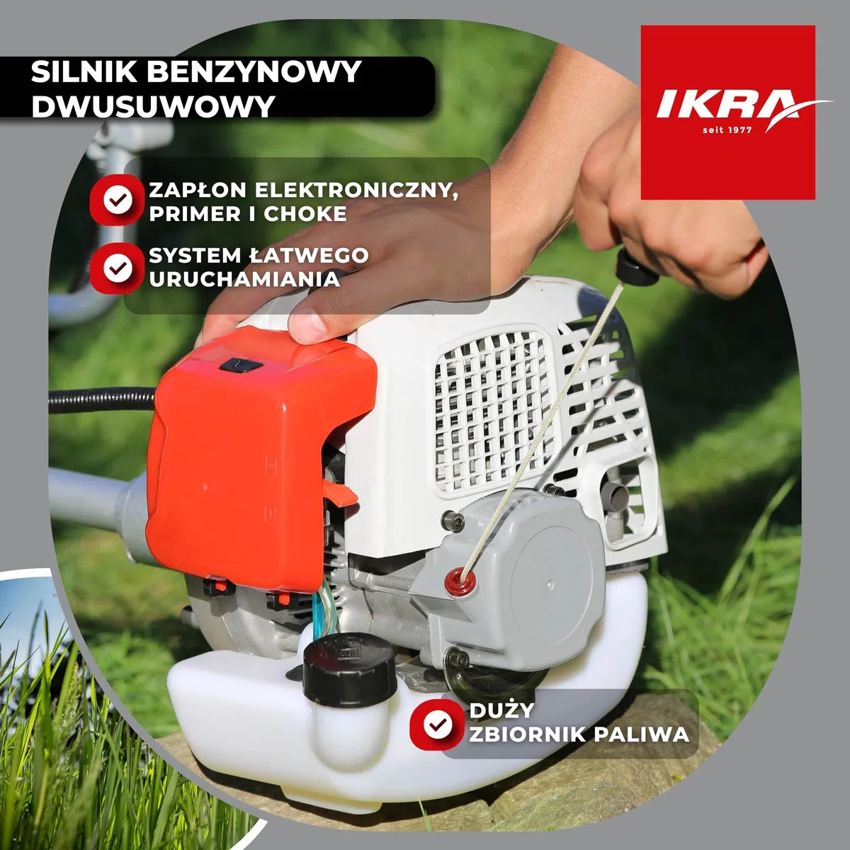 IKRA Podkaszarka spalinowa IBF 43 szeroki zestaw akcesoriów 42,7cm³ 1,1 kW | Kompletny zestaw: nóż 3-zębny, szpula, osłona, pas Profi, silnik 2-suwowy, Easy Start i uchwyt rowerowy