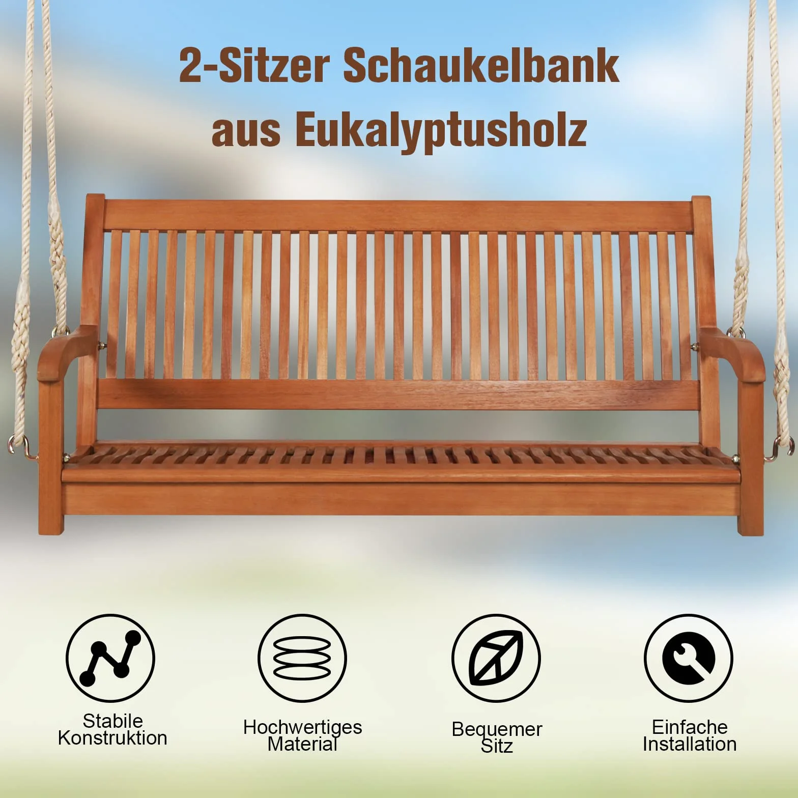 COSTWAY Huśtawka 2-osobowa Ogrodowa Wisząca Hollywood z Drewna Eukaliptusowego 360 kg