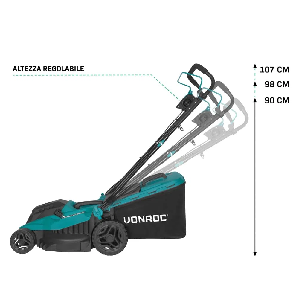 VONROC Kosiarka elektryczna1600 W – 38 cm, 5 regulowanych wysokości, kosz 42 l, mocny i cichy silnik, idealny do gęstej i ciężkiej trawy, ergonomiczny kształt i łatwe przechowywanie