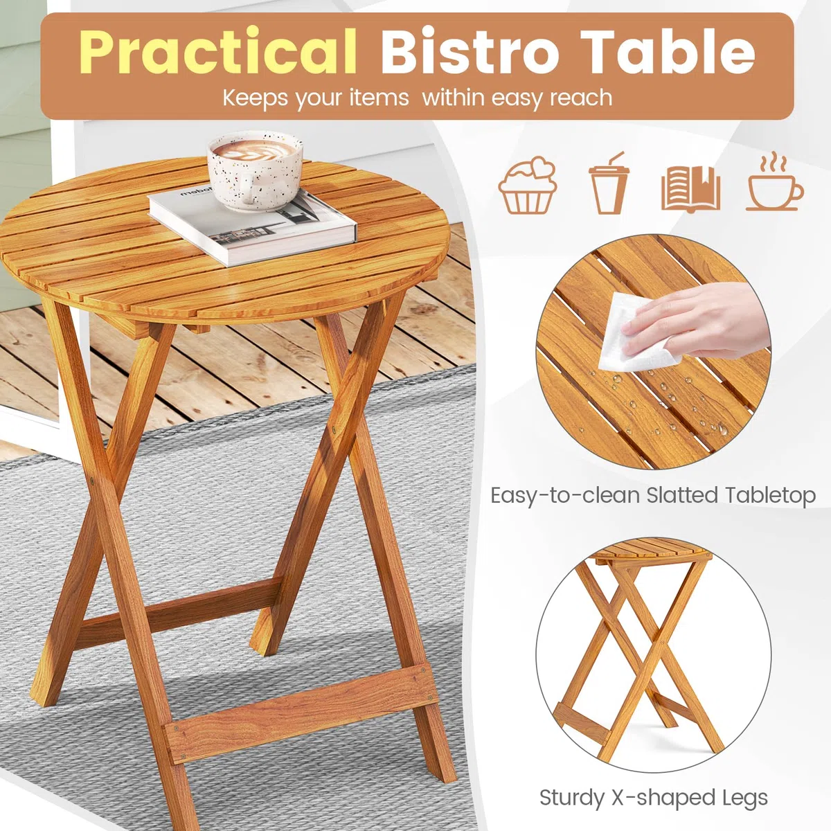 GIANTEX Meble balkonowe, mały balkon, okrągły stół bistro z 2 krzesłami, składany, zestaw mebli ogrodowych z drewna, 3-częściowy, zestaw balkonowy, zestaw bistro, do użytku na zewnątrz, meble tarasowe