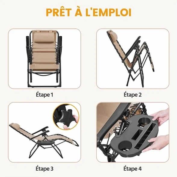 Yaheetech 2-częściowy zestaw leżaków do opalania, składany leżak ogrodowy z poduszką pod głowę i uchwytem na kubek, przenośny leżak relaksacyjny na plażę/do ogrodu/na balkon, beżowy