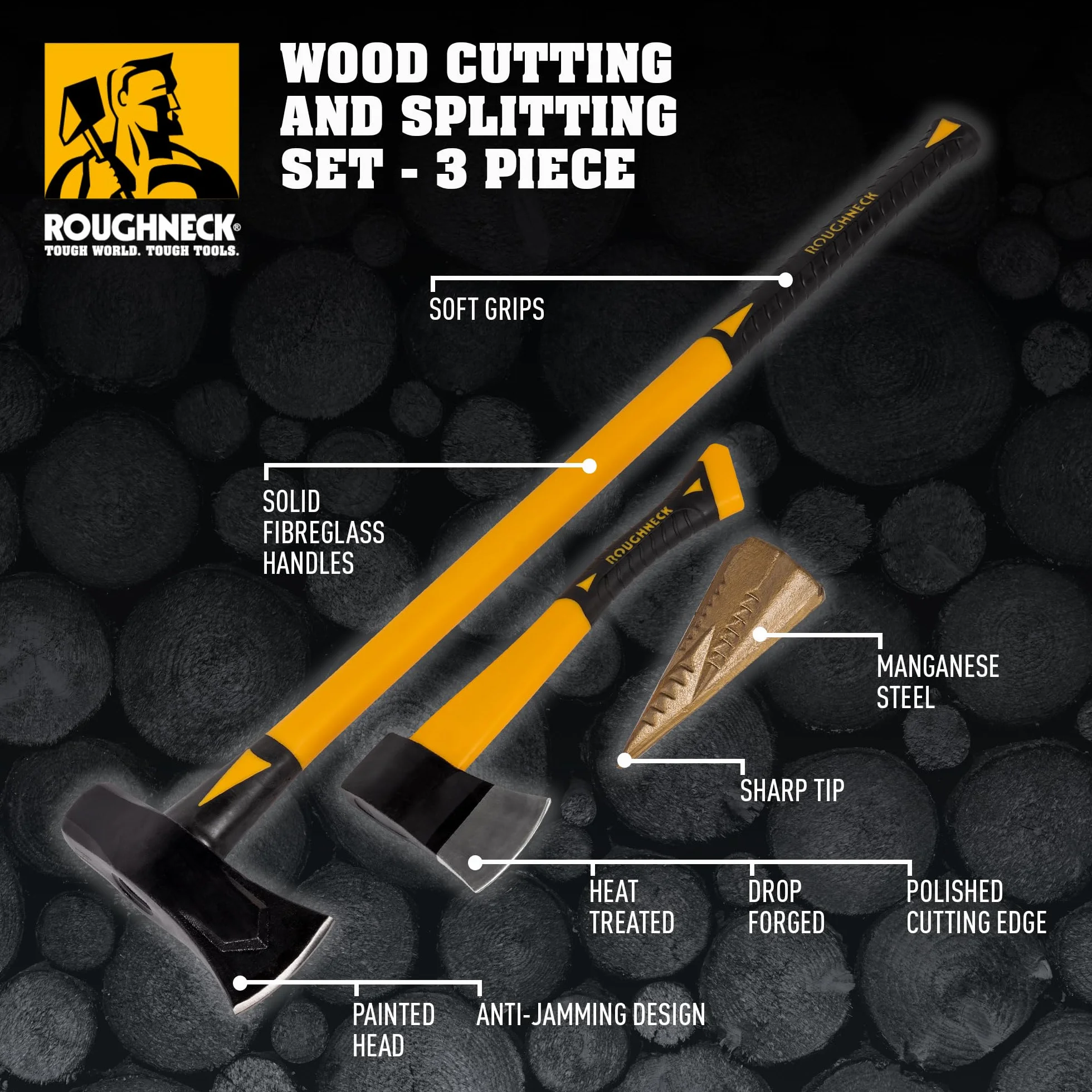 Roughneck Zestaw do Cięcia i Łupania Drewna ROU65501, 3 Części, w tym Łuparka (2,7 kg), Siekiera (0,6 kg) i Klin Rozłupujący Wood Grenade, Żółto-Czarny