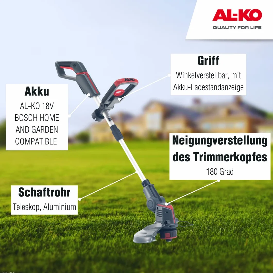 AL-KO Akumulatorowa podkaszarka do trawy GT 1825, akumulator litowo-jonowy 18 V, szerokość cięcia 25 cm, trzpień teleskopowy, automatyczna końcówka, w zestawie zapasowa szpula żyłki, szaro-czerwona,