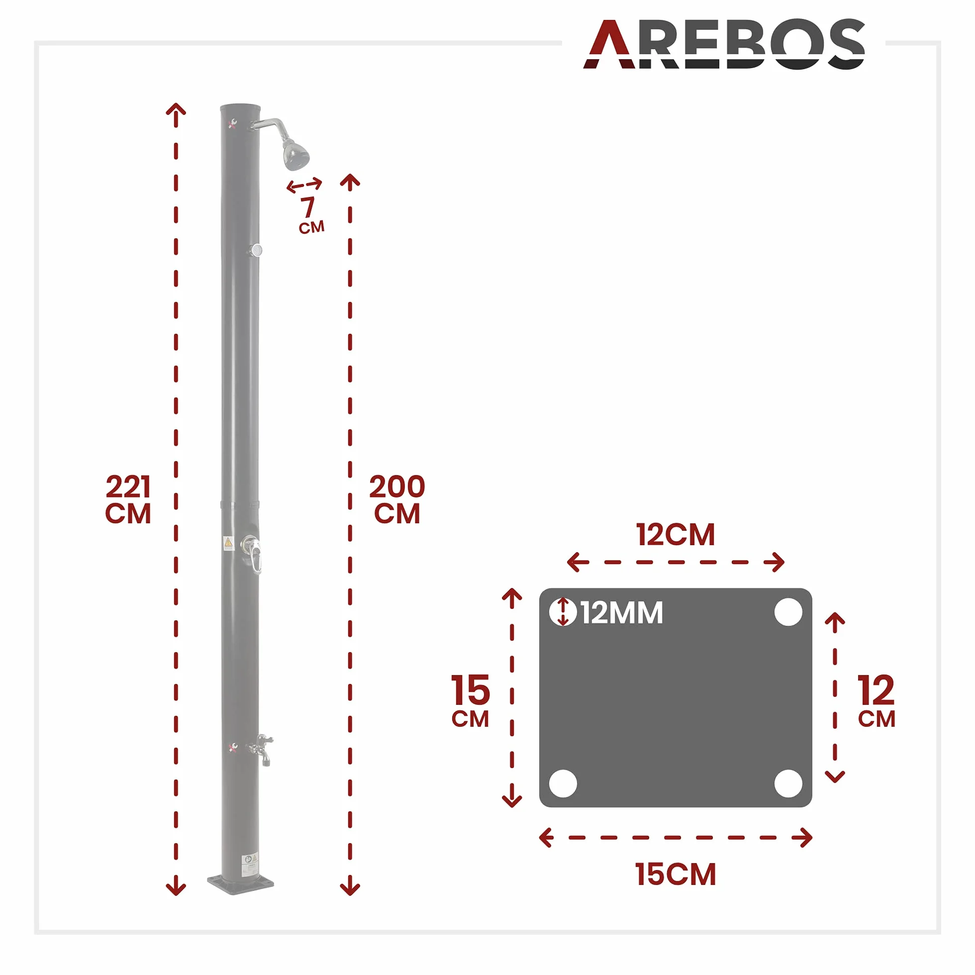 Arebos Prysznic solarny | 20 litrów | 221 cm | z wbudowanym termometrem i prysznicem stóp | czarny | okrągła głowica prysznicowa | temperatura wody do 60°C | przyłącze węża ogrodowego | w zestawie materiały montażowe