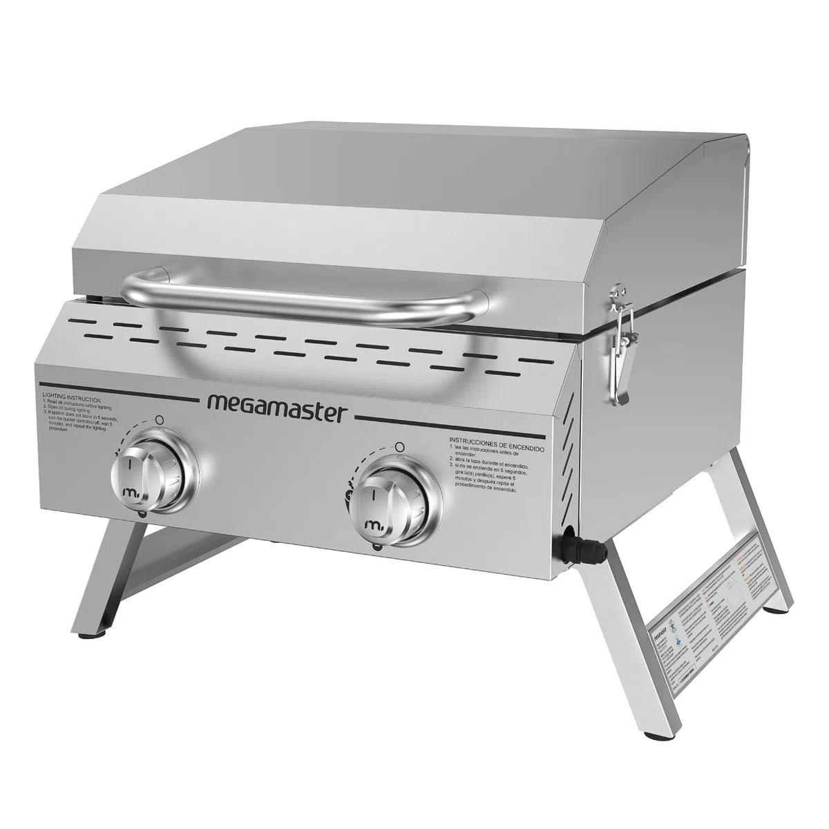 Megamaster Wysokiej jakości grill do gotowania na świeżym powietrzu z 2 palnikami, na kemping, do kuchni na zewnątrz, na patio, ogród, grill z dwiema składanymi nogami, srebrny ze stali nierdzewnej