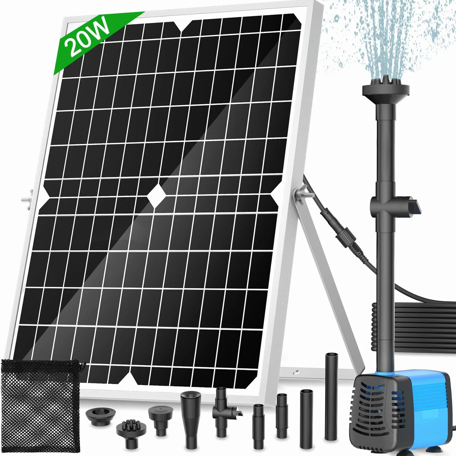 Solarna pompa do stawu 20W 1300 l/h 5 m przewód 4 wzory natrysku