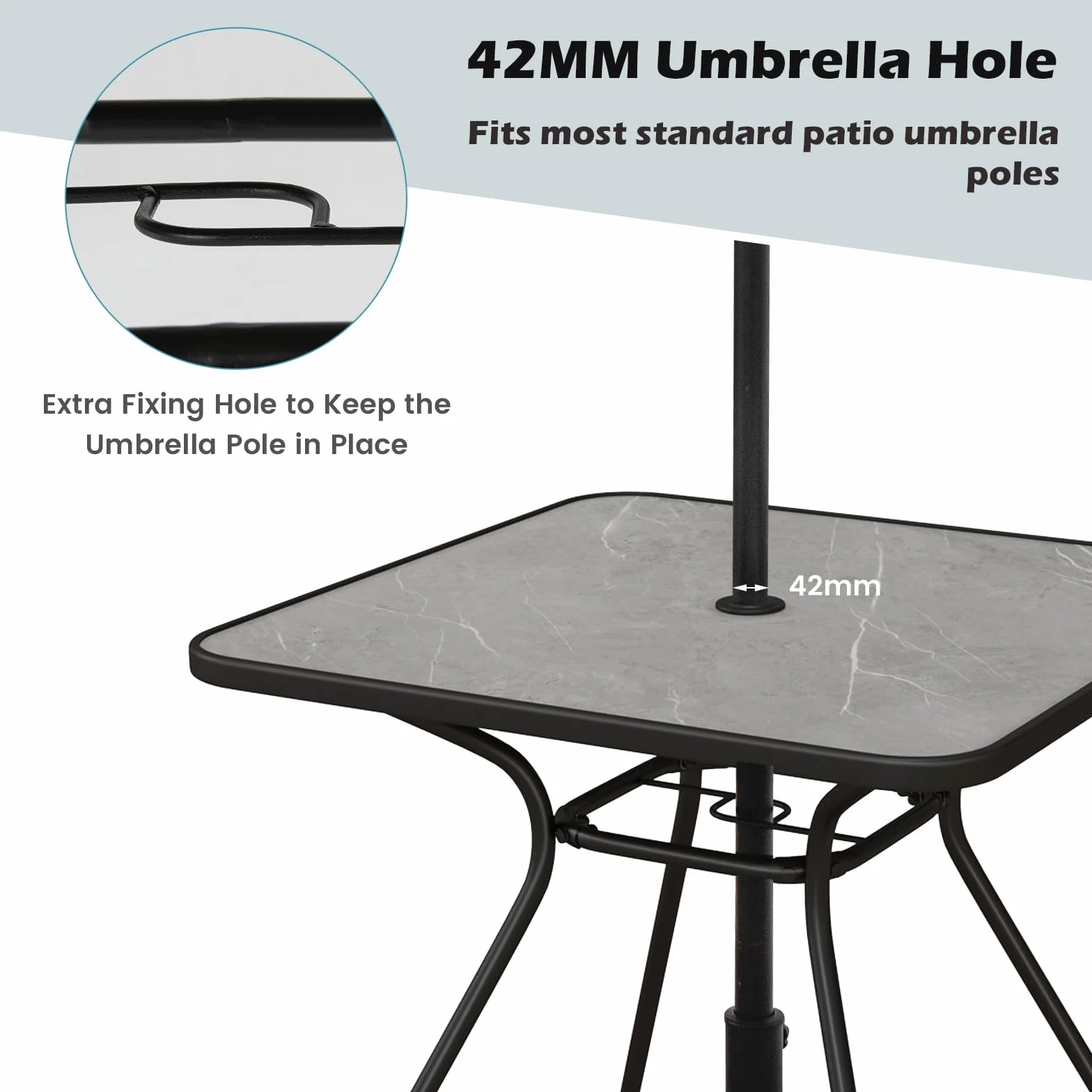 KOMFOTTEU Stolik pomocniczy z otworem na parasol, stół ogrodowy 80 x 80 cm dla 4 osób, stół balkonowy z blatem ze sztucznego marmuru, stół bistro do 100 kg, stół na balkon, taras, do ogrodu