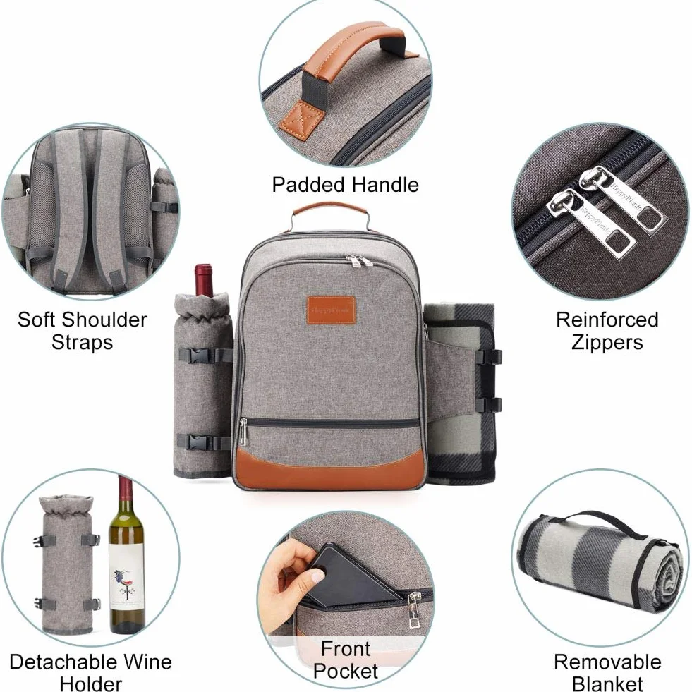 HappyPicnic Isolierter Picknickrucksack für 4 Personen mit komplettem Geschirr, geräumigem Kühlfach, Flaschenhaltern und großem wasserdichtem Picknick-Teppich