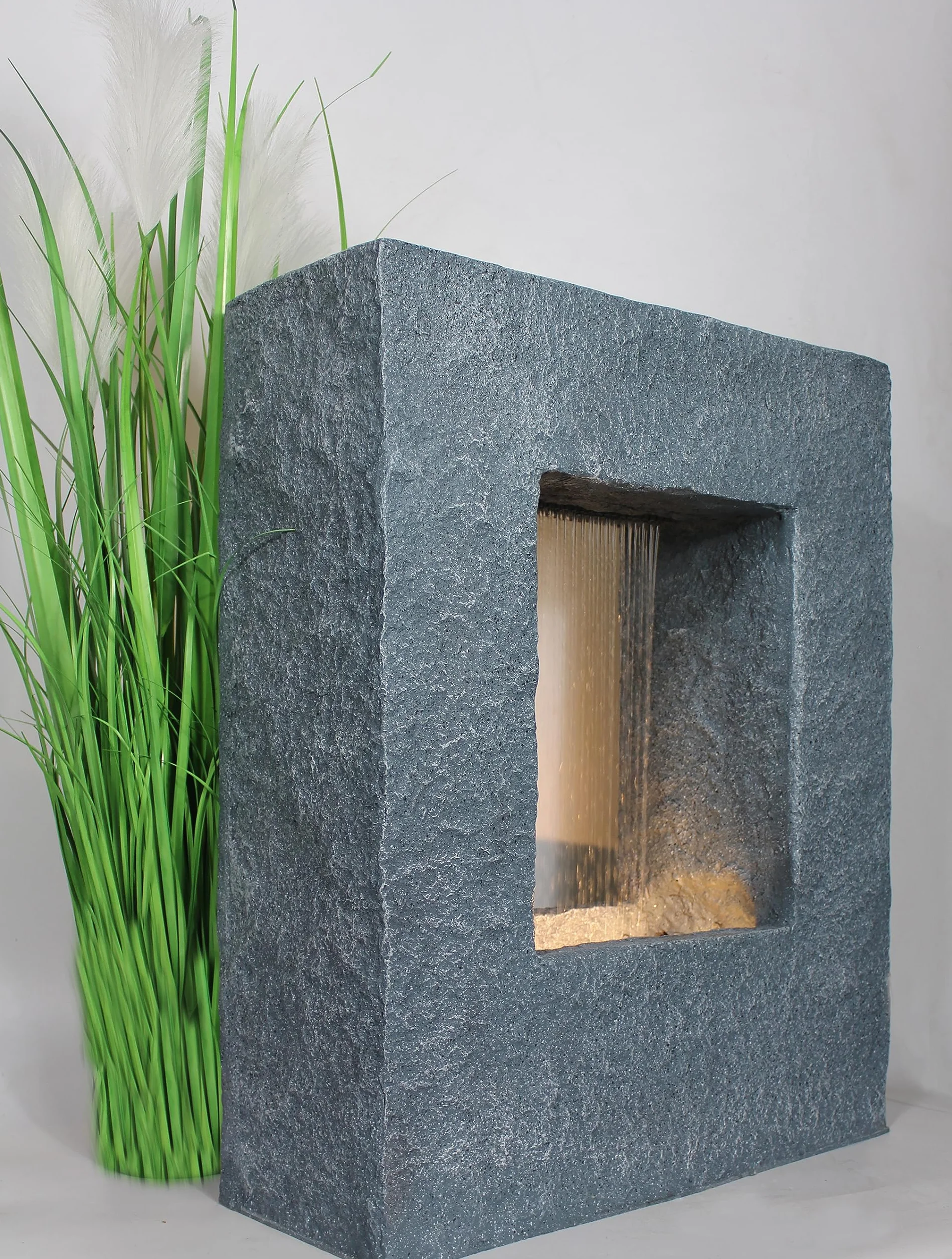 Fontanna ogrodowa z oświetleniem LED 65x53 cm fontanna pokojowa fontanna wygląd kamienia deszcz wodospad prostokątna ciepłobiała fontanna ogrodowa dekoracja ogrodowa