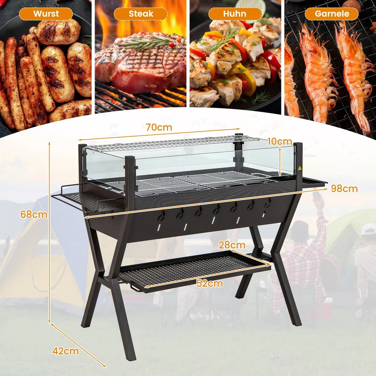 GOPLUS Grill na węgiel drzewny 3 w 1, wielofunkcyjny grill ogrodowy ze stali nierdzewnej z dużą powierzchnią grillowania, ochroną przed wiatrem i półkami, stojący grill BBQ na piknik, imprezę, kemping