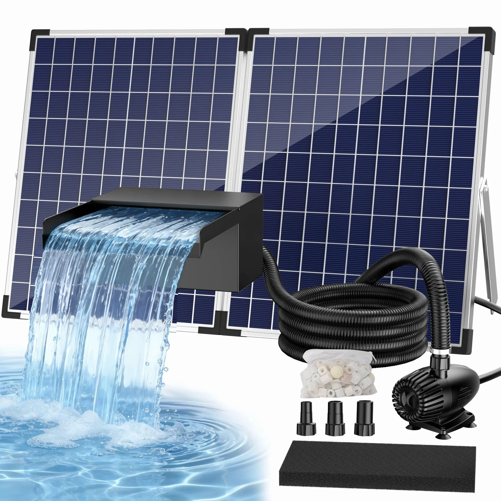 Biling 50W Solarowy zestaw wodospadowy ze stali nierdzewnej kompletny z pompą i filtrem 40W 2100L/H 20 cm wodospad do stawu ogrodowego, stawu z rybami Koi, basenu kąpielowego, dekoracja ogrodu