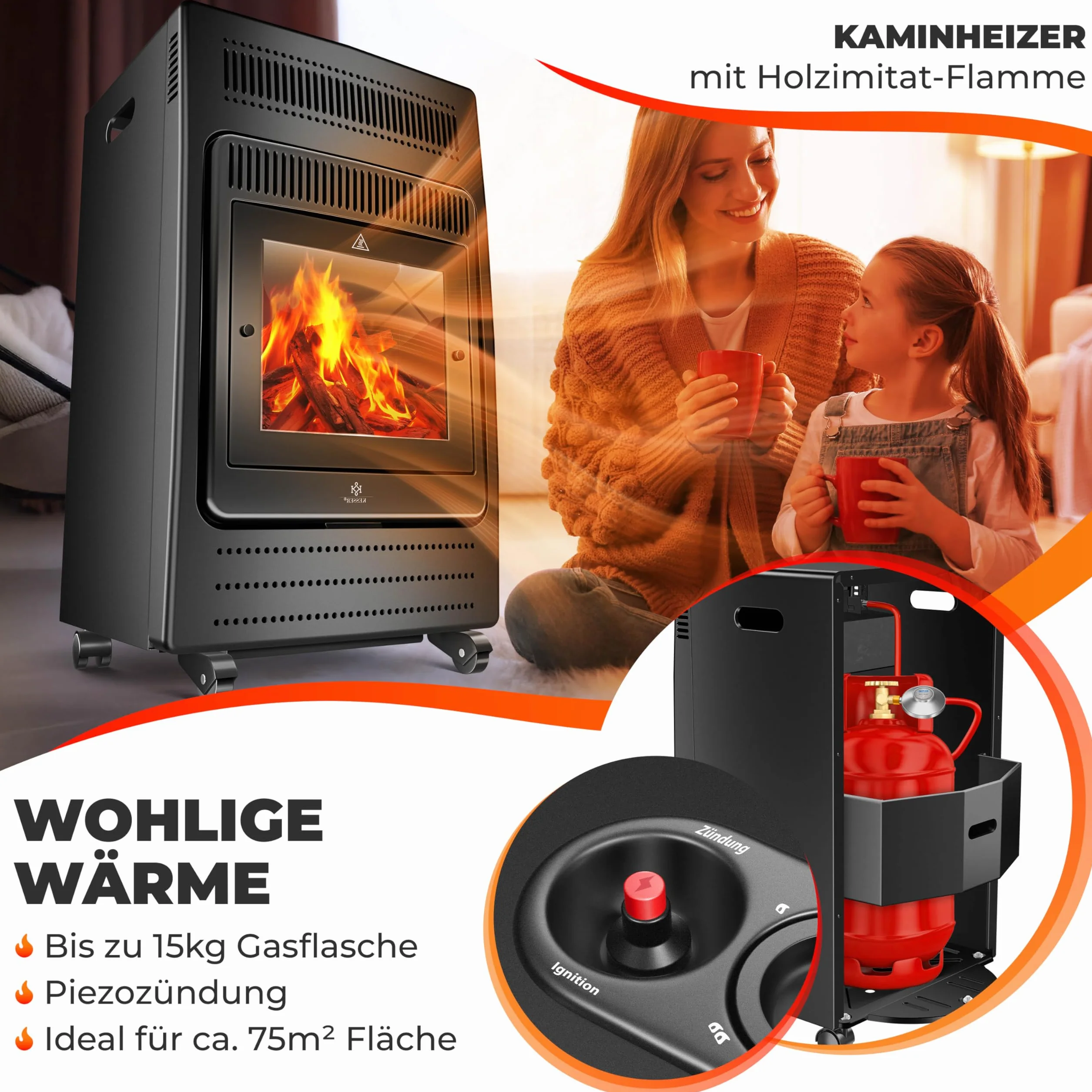 KESSER® Grzejnik gazowy, 3,4 kW, zawiera reduktor ciśnienia gazu i wąż gazowy, 2 stopnie grzania na podczerwień 3400 W, ogrzewanie gazowe, butle z butanem lub propanem, do 11 kg, czarny
