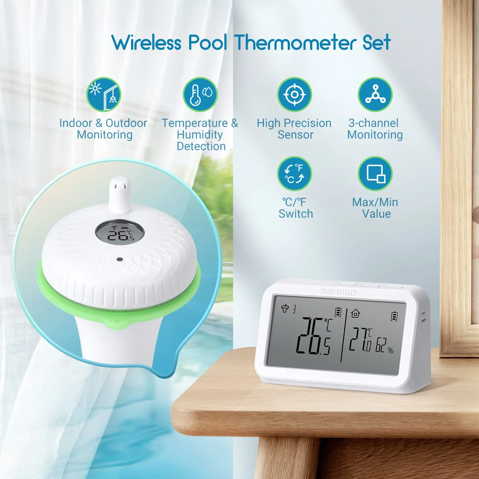 INKBIRD IBS-P02R Bezprzewodowy termometr do basenu z monitorem temperatury i wilgotności, duży ekran