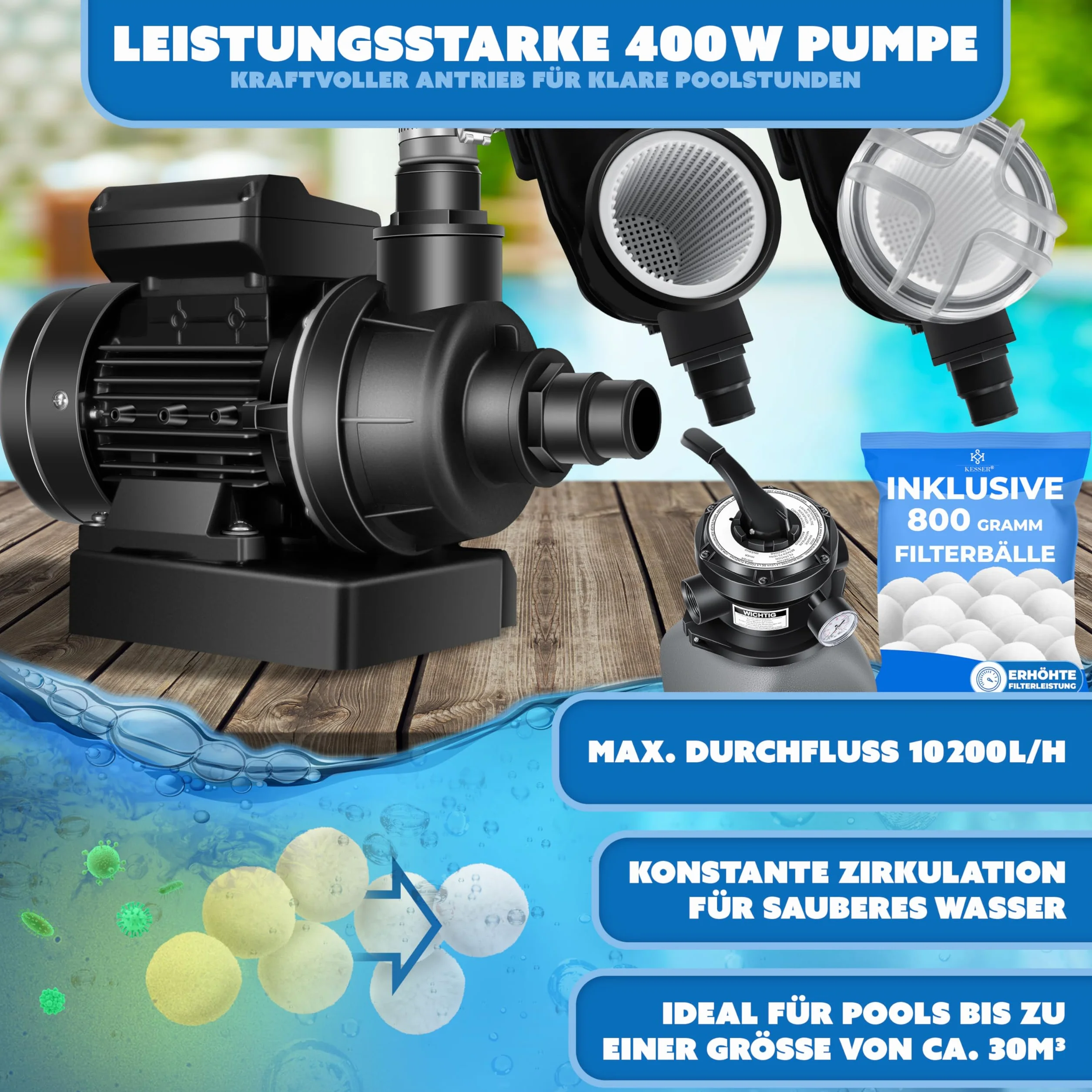 KESSER Filtr piaskowy 10 m³/h pompa filtrująca kulki 700 g zawór 4-drożny szary