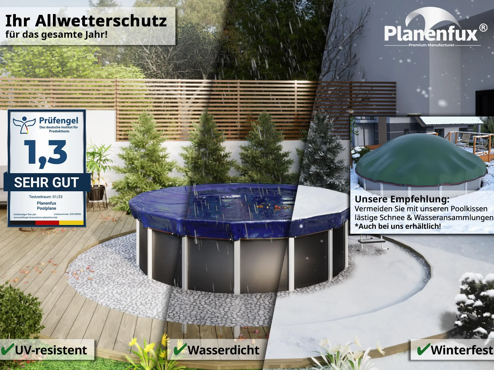 Planenfux® Okrągła osłona basenu 550 cm (do basenów o średnicy 500-550 cm), 2 w 1, wykonana z materiału PE o gramaturze 200 g/m², plandeka solarna na lato i zimę, Ø 610 cm, okrągła osłona basenu