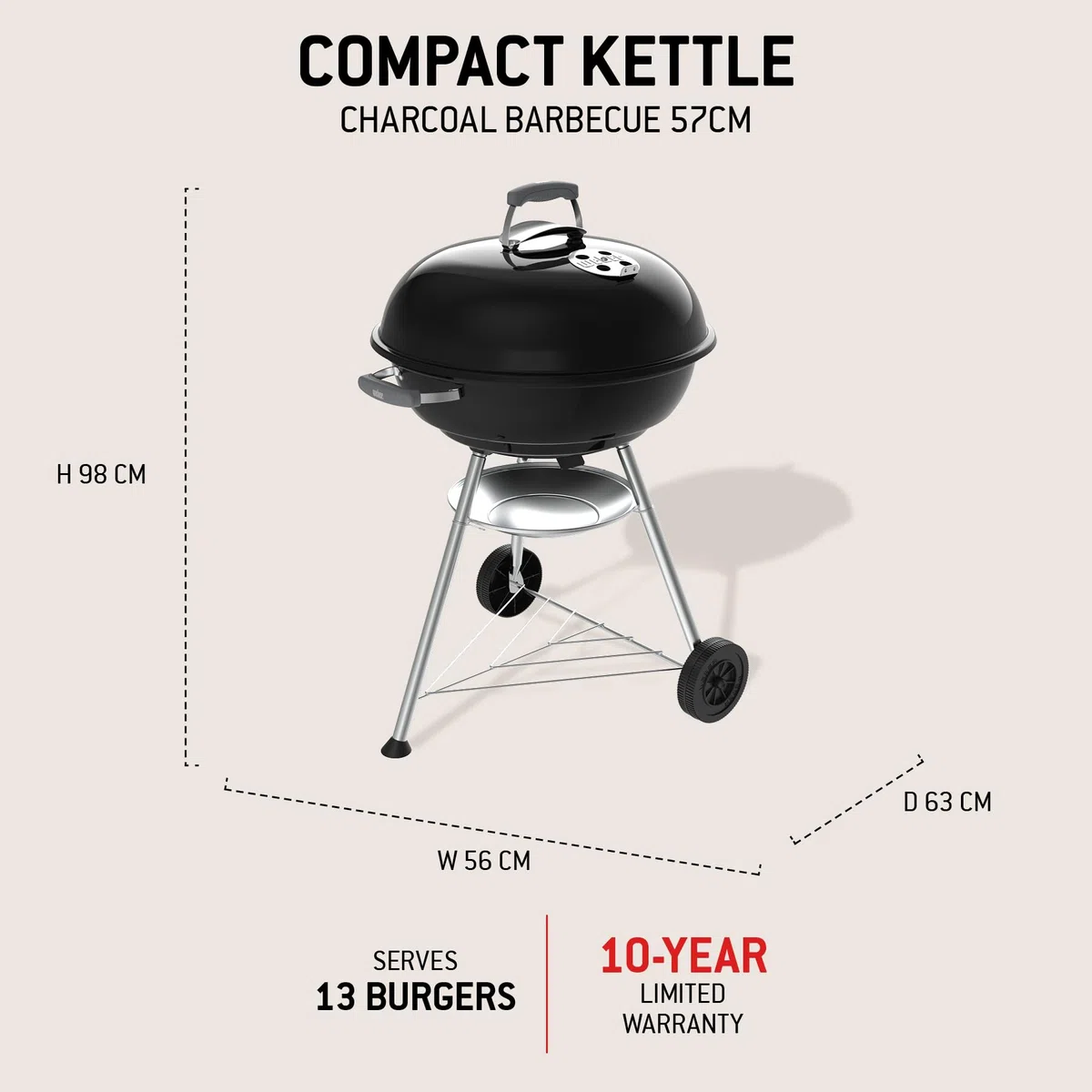 Weber Grill Węglowy Weber Compact Kettle (Wersja 2026), Trójnóg i Kółka, Odporny na Ciepło i Rdzę, Chromowany Ruszt Trójwarstwowy, 57 cm, Czarny