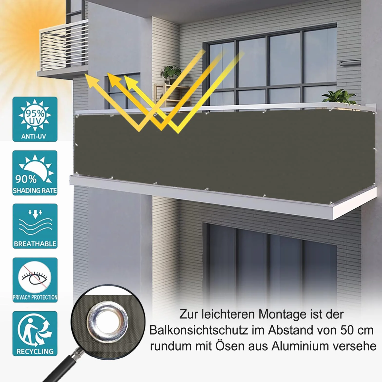 Nieprzezroczyste osłony balkonowe 110 x 750 cm 220 g/m² z metalowymi oczkami ochrona UV