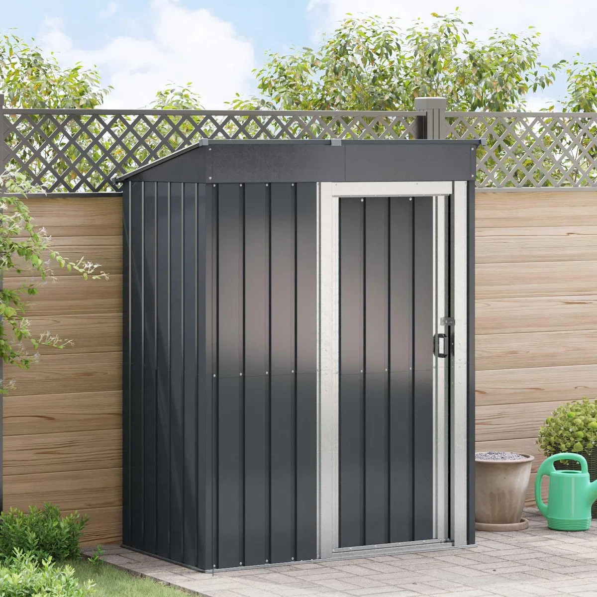 Antracyt metalowy domek ogrodowy 137x81x180 cm, nowoczesny prostokątny schowek na zewnątrz, trwały i odporny na warunki atmosferyczne, łatwy montaż narzędzi i garnków