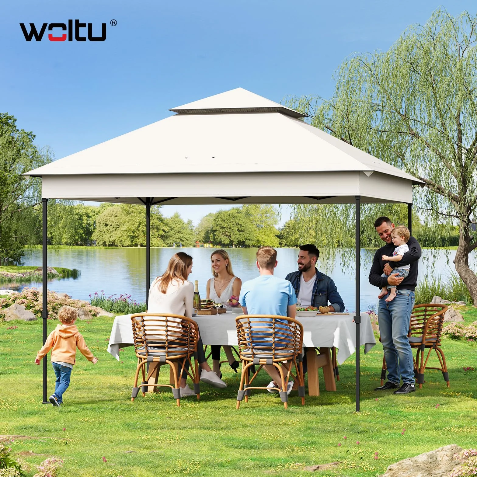 WOLTU Pawilon ogrodowy na zewnątrz, pergola 3 x 3 m, składany pawilon z wyjmowaną moskitierą, podwójny wodoodporny dach, torba do przenoszenia, odporny na promieniowanie UV, beżowy