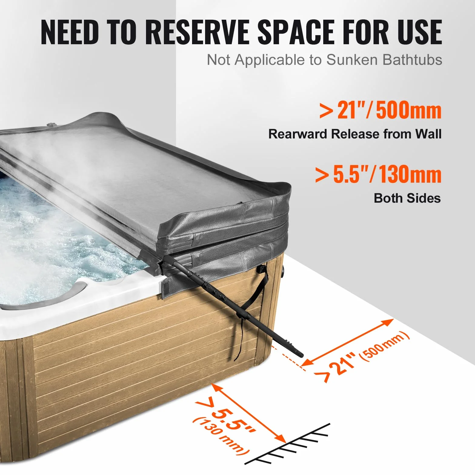 VEVOR Podnośnik osłony wanny z hydromasażem, podnośnik pokrycia spa, wysokość 80 cm - 105 cm szerokość 134 cm - 235 cm regulowany, zainstalowany na dole z jednej strony, odpowiedni do różnych