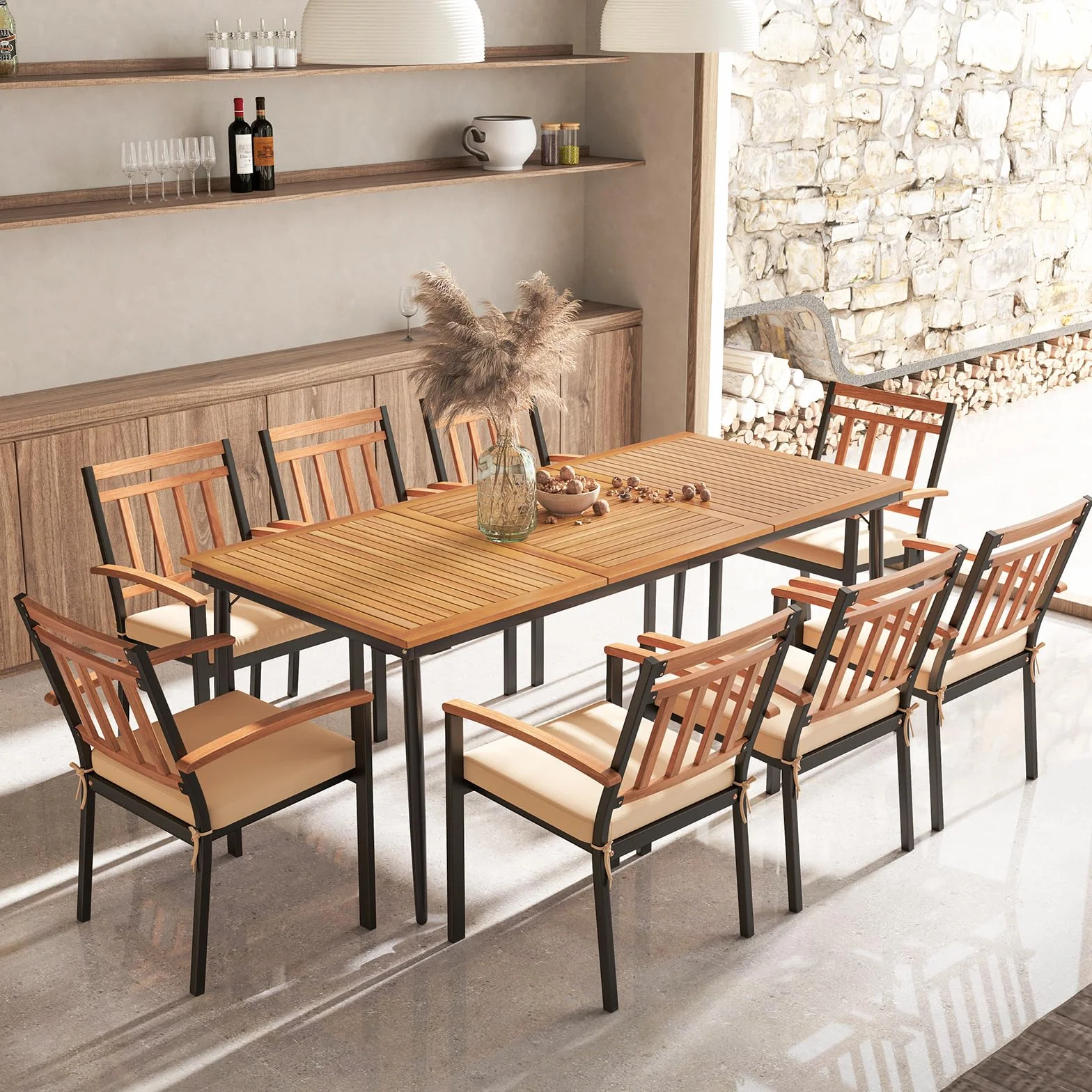 GIANTEX Stół ogrodowy z otworem na parasol Ø 5 cm, prostokątny stół zewnętrzny z drewna akacjowego dla 8 osób, metalowe nóżki, na taras, patio, 200 x 90 x 75 cm