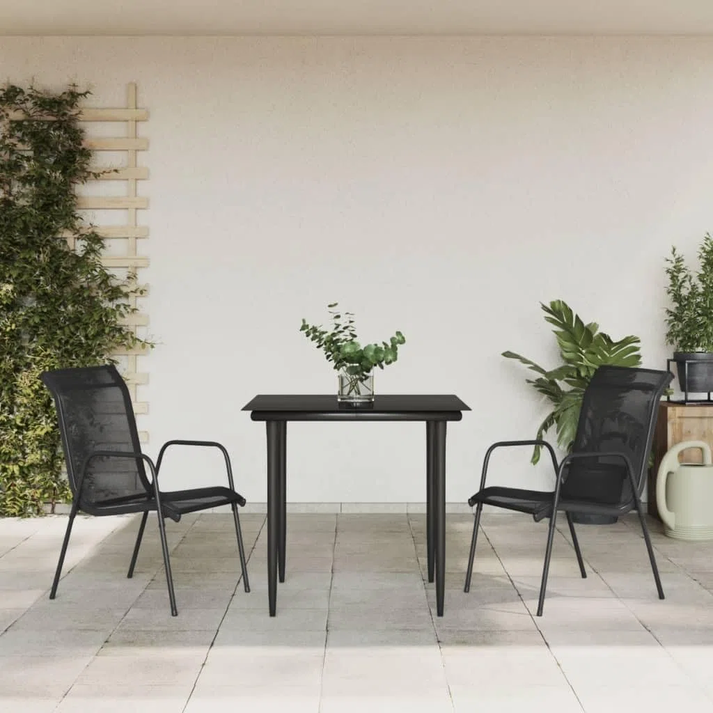 3-częściowy zestaw mebli ogrodowych, czarny, stal, tekstylen, zestaw do jadalni, balkon, taras, zestaw mebli outdoorowych ze stołem i krzesłami, do ogrodu i na balkon