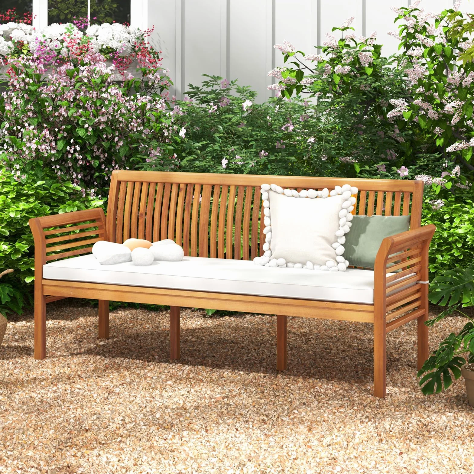 COSTWAY Ławka Ogrodowa z Drewna Akacjowego, Poduszką do Siedzenia, 3-Osobowa Sofa Ogrodowa, Balkonowa, Obciążenie 540 kg, Parkowa na Taras, Balkon, Ogrodu, 159