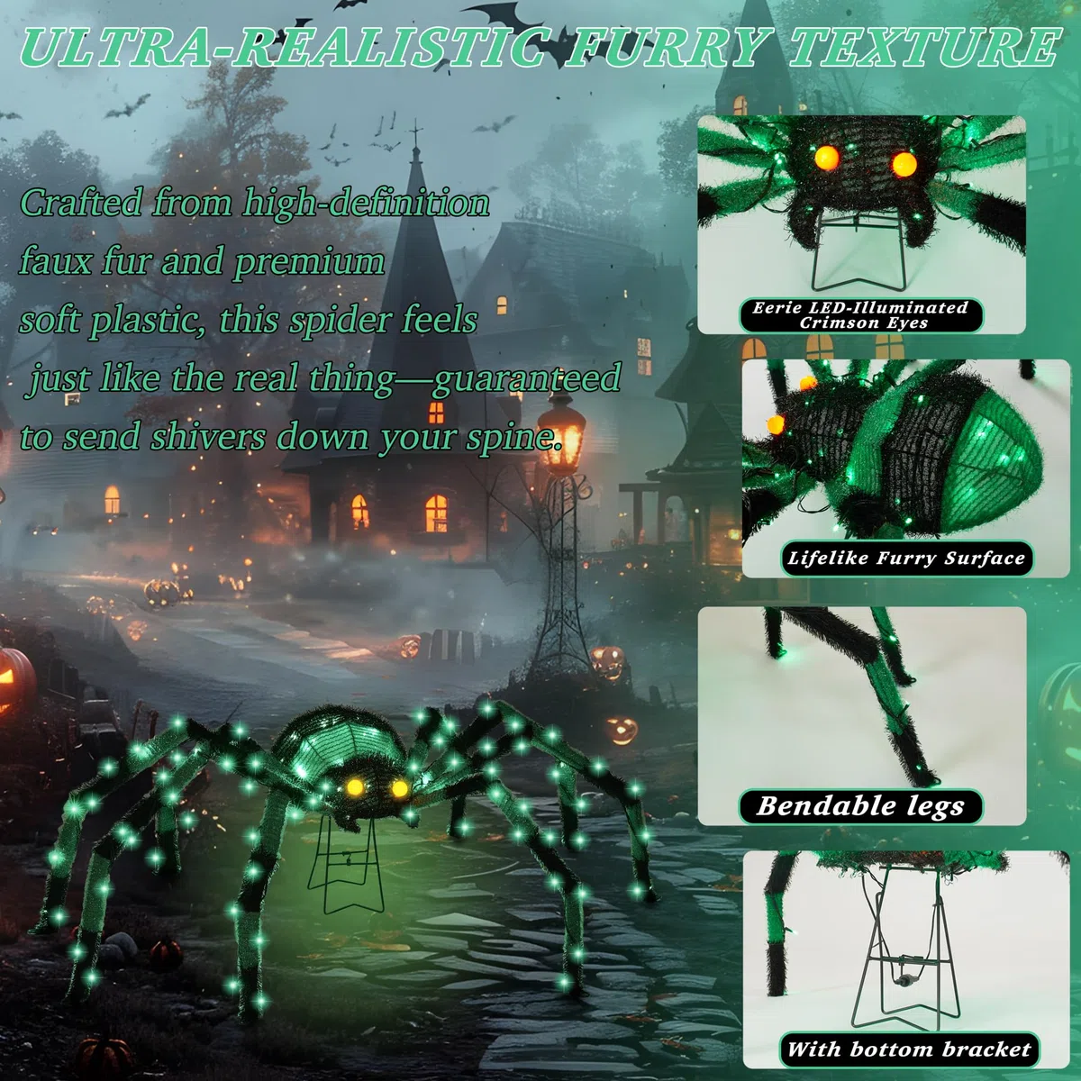 Gigantyczny pająk, dekoracje na Halloween, na zewnątrz, 132 cm, świecący pająk z 90 diodami LED, na podwórko, werandę, do ogrodu, trawnika, na imprezę halloweenową (zielony)