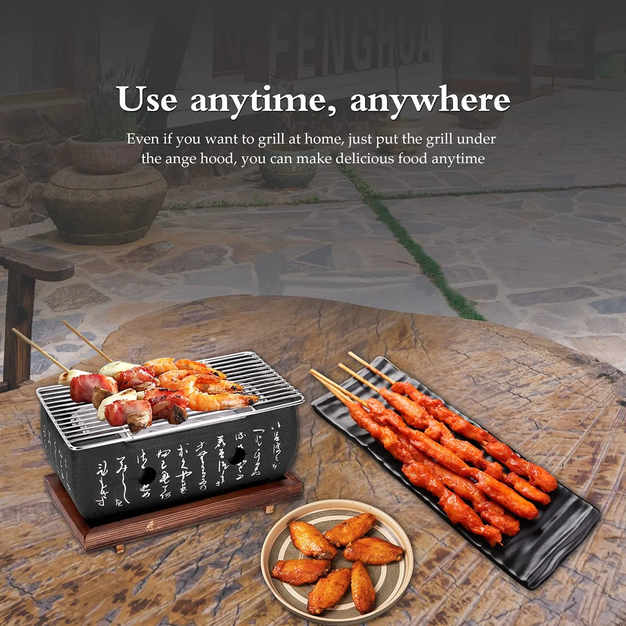 Japoński piec do grillowania, grill BBQ, 24 x 12,5 x 11,5 cm, mini grill stołowy z blachą do pieczenia, kratką drucianą i podstawą drewnianą, przenośny grill na piec, japoński piec na węgiel drzewny