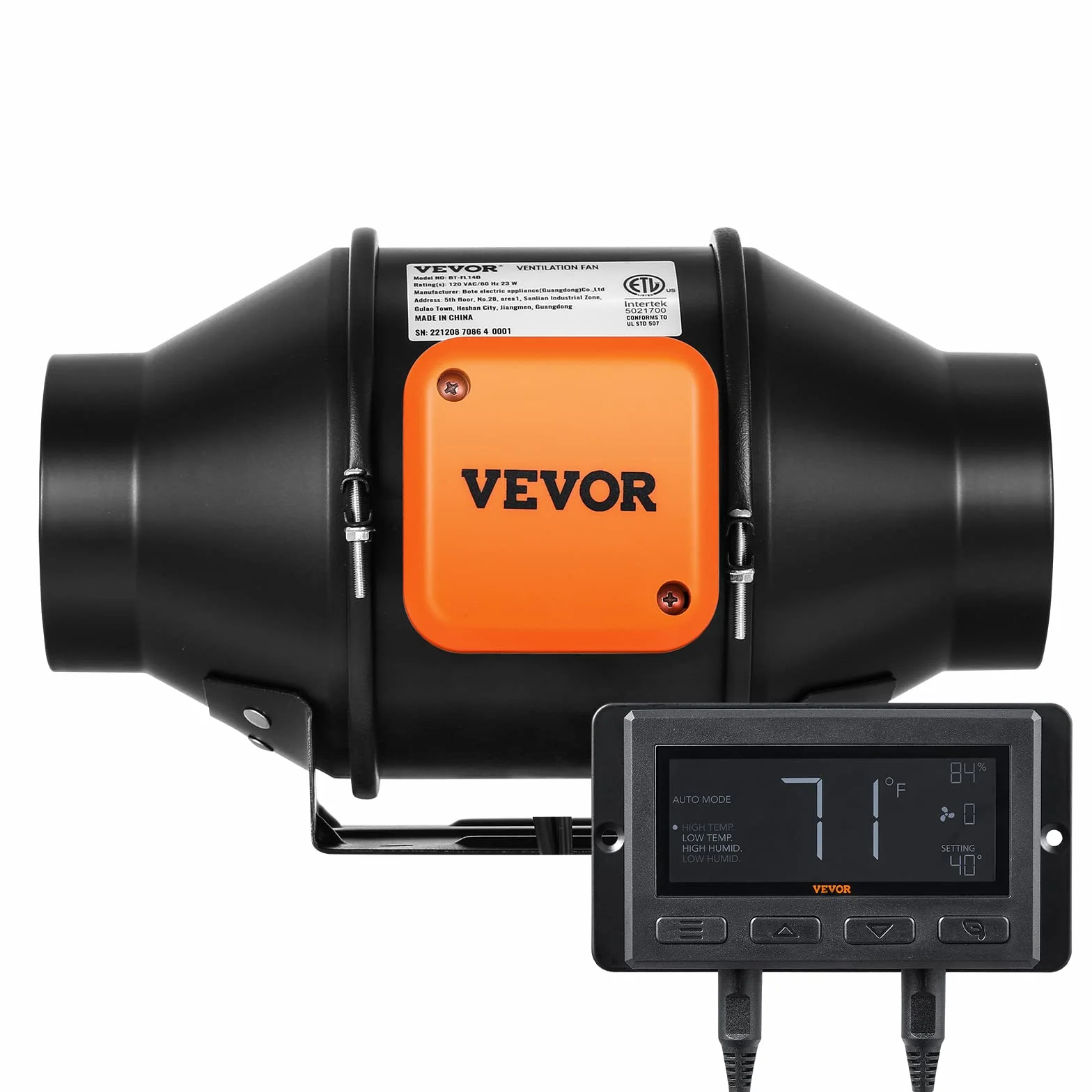 VEVOR Inline wentylator kanałowy, 21 W, 205 CFM z regulatorem temperatury i wilgotności, cichy silnik EC, wentylator wyciągowy do chłodzenia, wzmacniacza wzrostu, hydroponiki