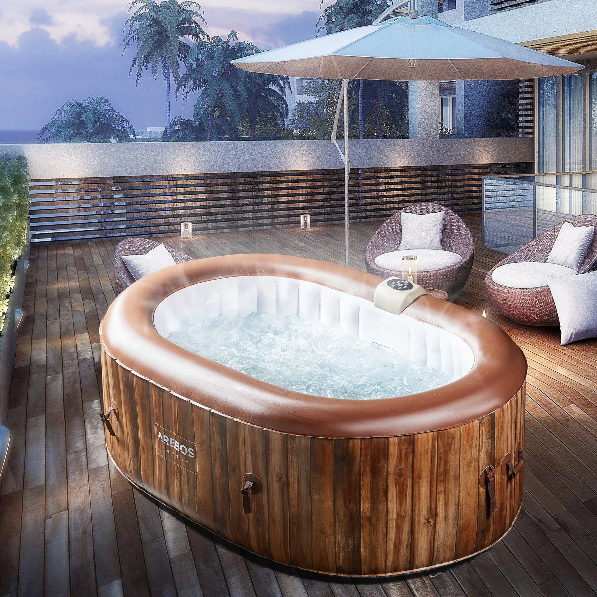 Arebos Nadmuchiwane Spa | Nadmuchiwane | Wnętrze i na zewnątrz | 190x120 cm Owal | 2 osoby | 90 dysz masujących | z ogrzewaniem | 550 litrów | Okładka w zestawie | Masaż Bubble Spa i Wellness
