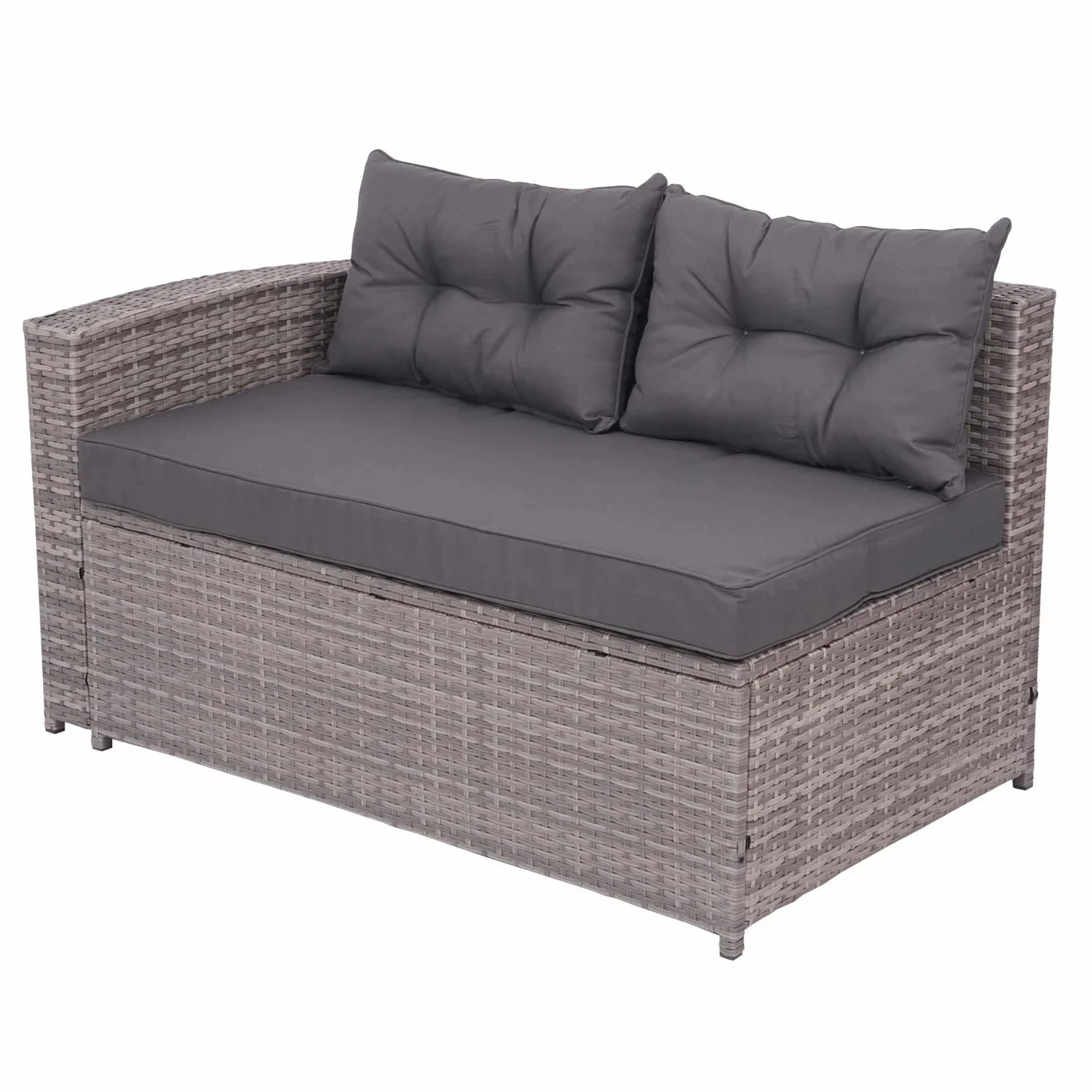 Mendler Zestaw polirattanowy HWC-J34, zestaw balkonowy/ogrodowy/wypoczynkowy, zestaw do siedzenia sofa, schowek - szary, poduszka ciemnoszary