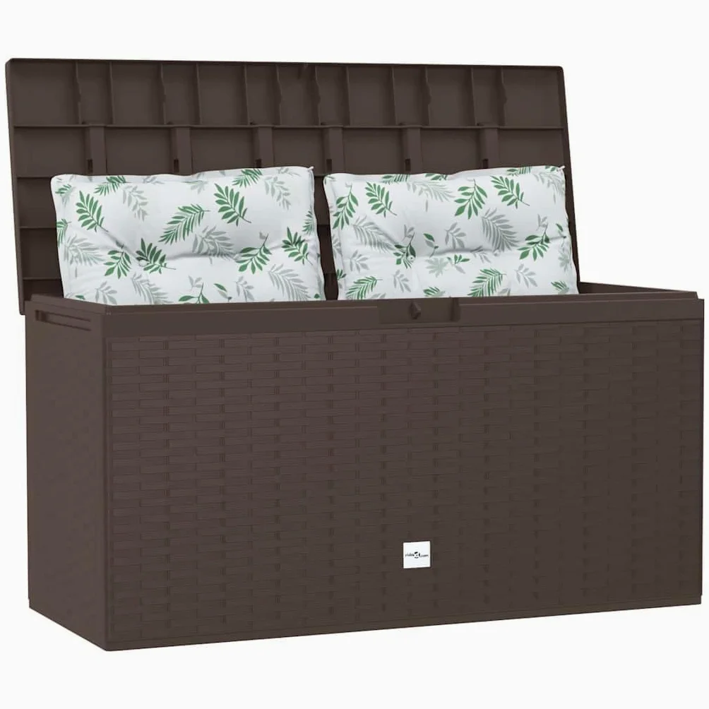 Skrzynka ogrodowa, brązowa, 114 x 47 x 60 cm, 290 l, polipropylen, skrzynia do przechowywania, zamykana, na poduszki, na balkon, taras, porządek na zewnątrz