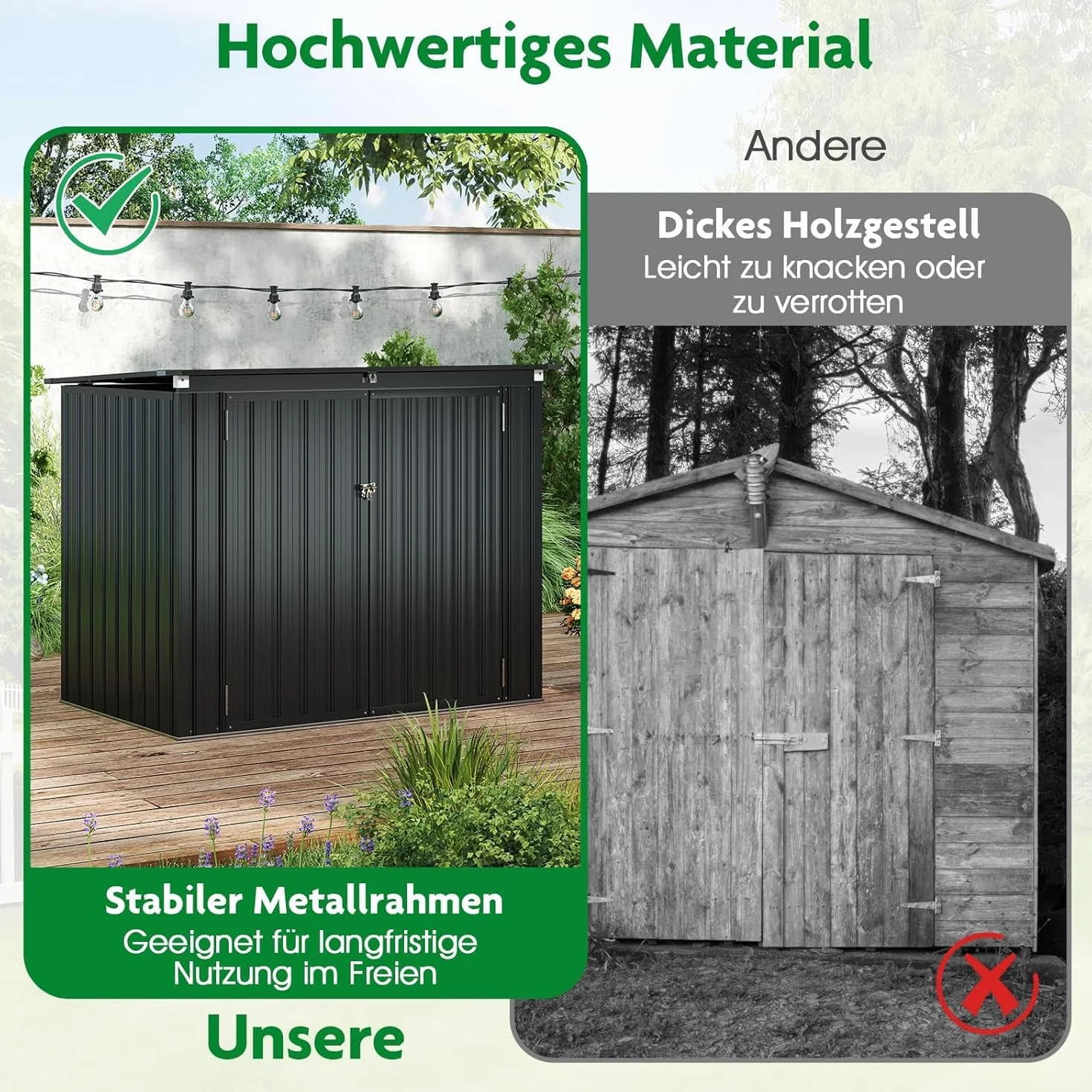 GOPLUS Domek na narzędzia metalowy, 1,5 m², szopa na narzędzia z pokrywą na zawiasach i 2 drzwiami, skrzynka na 2 pojemniki na śmieci, szopa ogrodowa, domek na narzędzia ogrodowe, do farmy, tarasu