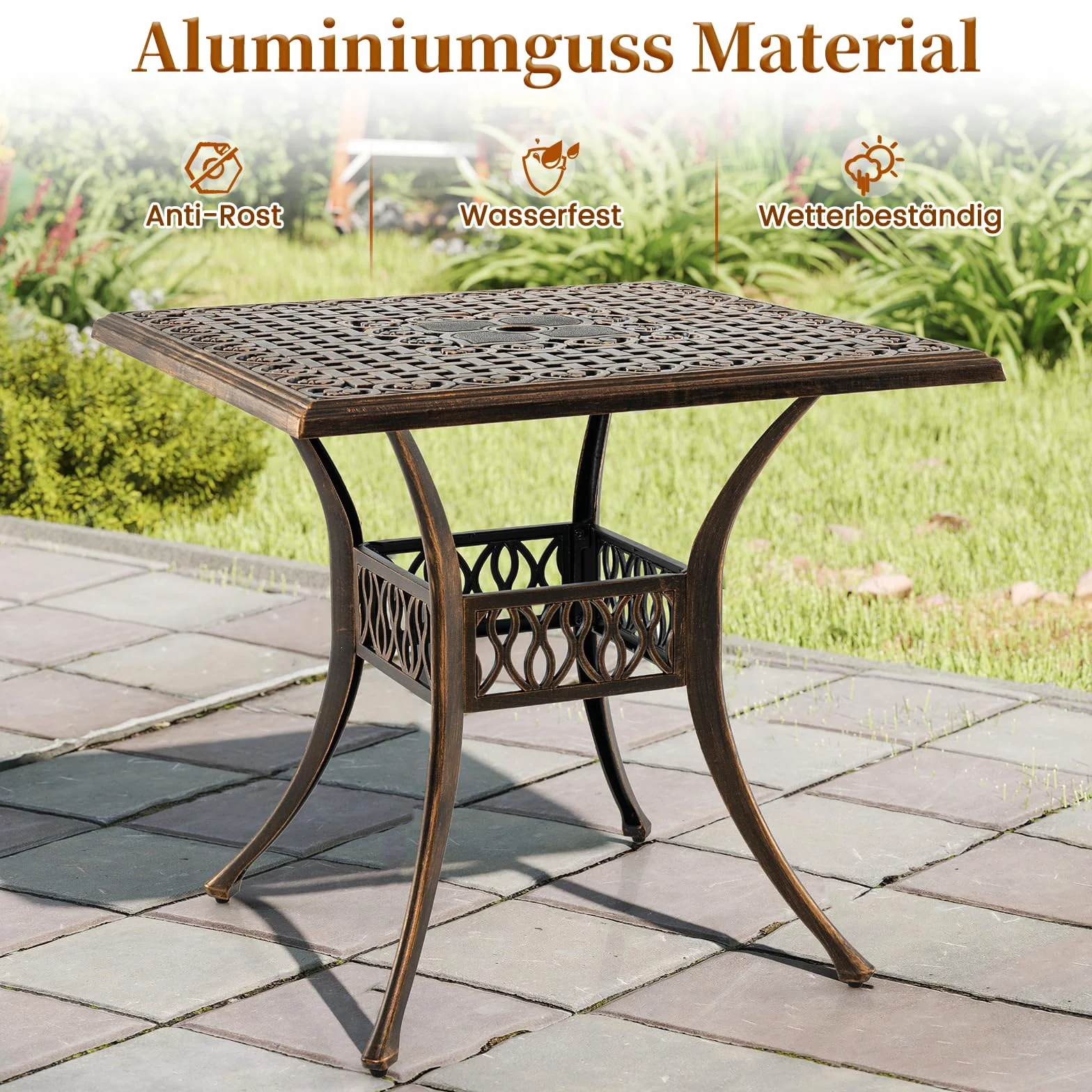 COSTWAY Stół ogrodowy z otworem na parasol, 80 x 80 x 75 cm, kwadratowy stół balkonowy z odlewu aluminiowego, odporny na warunki atmosferyczne, stół tarasowy dla 4 osób, stół do jadalni na zewnątrz do