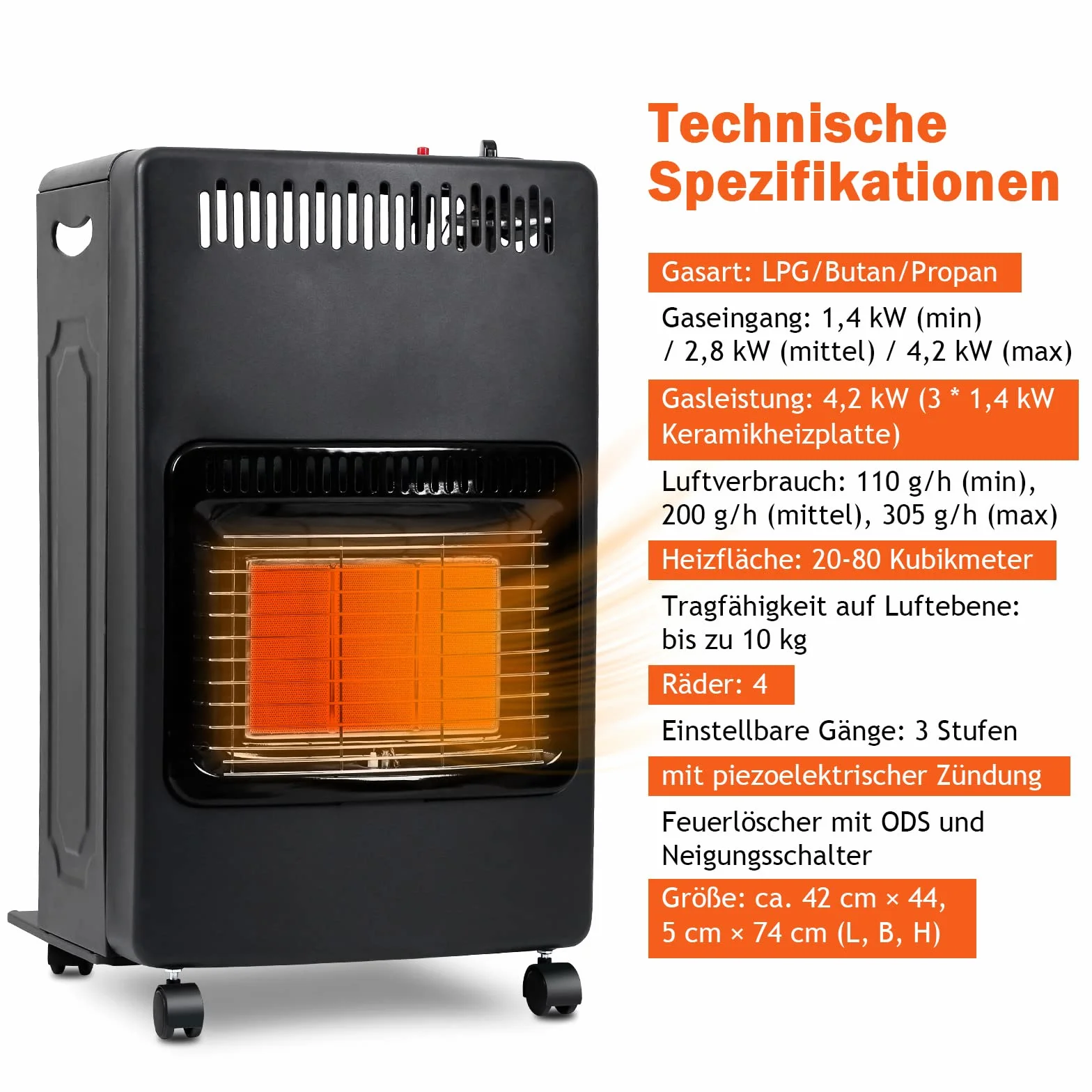Piec gazowy, grzejnik gazowy, 4,2 kW, składany, 305 g/h, zużycie gazu, pojemność grzewcza 80 m³, ODS, zabezpieczenie przed przewróceniem, zapłon piezoelektryczny, z regulatorem ciśnienia i